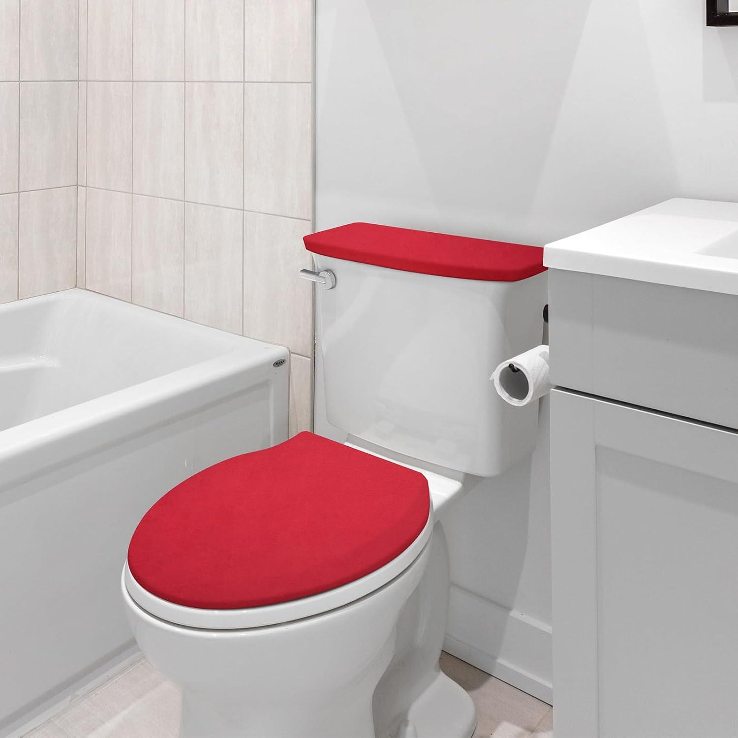 Red Bathroom Toilet Lid Seat Cover Set,Polyester Fibre Toilet Lid Cover,Elastic Bottom Cover Set,Toilet Tank Lid Cover,Machine Wash Set