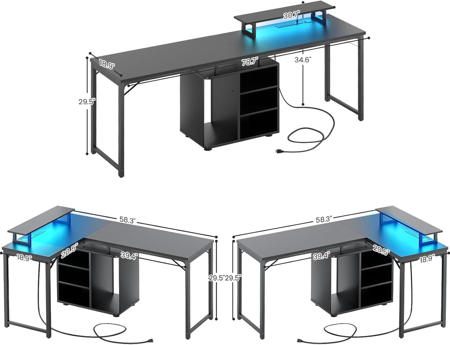 L Shaped Gaming Desk with Power Outlet and LED Light, Reversible Corner Computer Desk for Home Office, Black