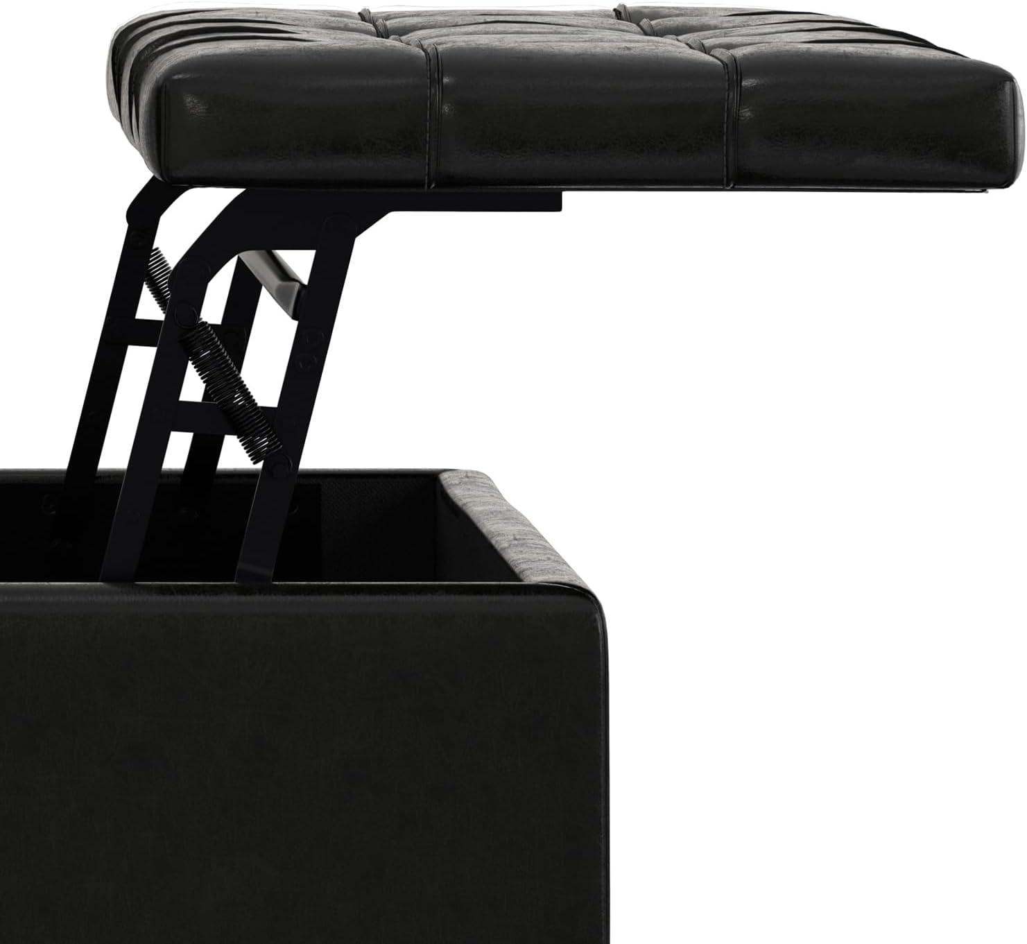 Simpli Home Laura 36"W Upholstered Square Storage Ottoman with Split Lift Top and 2 Storage Compartments