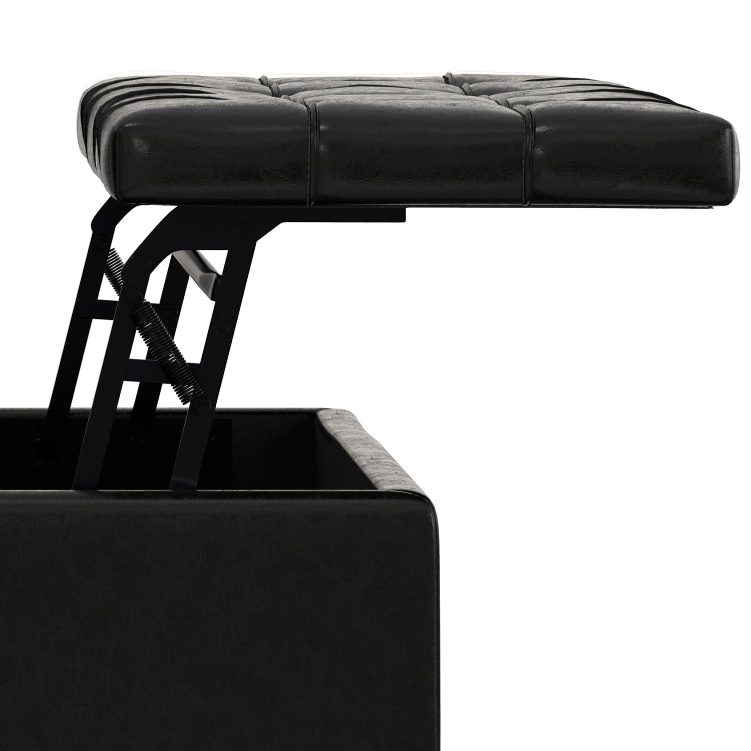 Simpli Home Laura 36"W Upholstered Square Storage Ottoman with Split Lift Top and 2 Storage Compartments