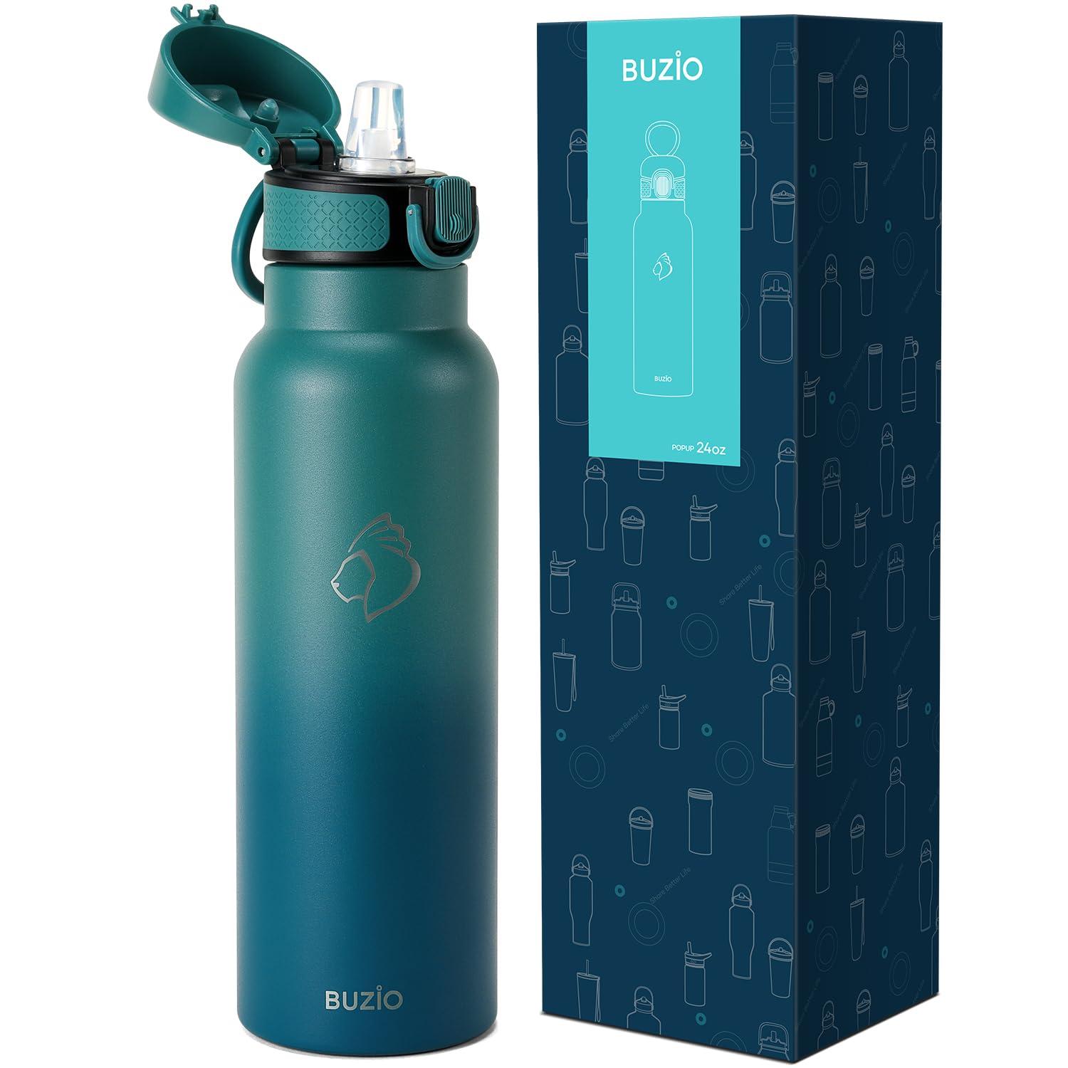 Buzio 32 oz Insulated with Straw & Brush Vaccum Stainless Steel Metal 3 Lids Water Flask for Sports, Gym or Office Keep Cold 48H Hot 24H，Pacific Prince