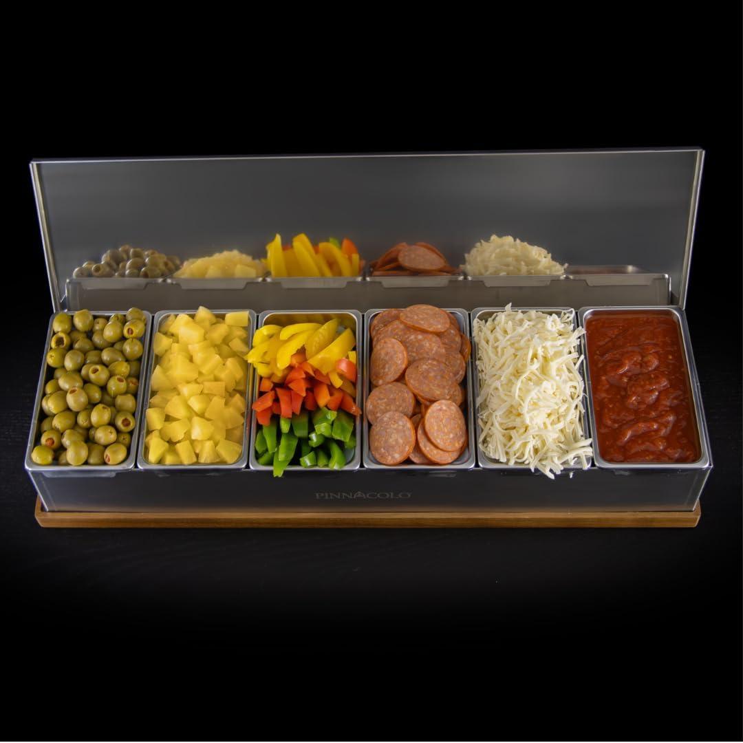 22-Inch Stainless Steel 6-Compartment Condiment Organizer with Silicone Lids