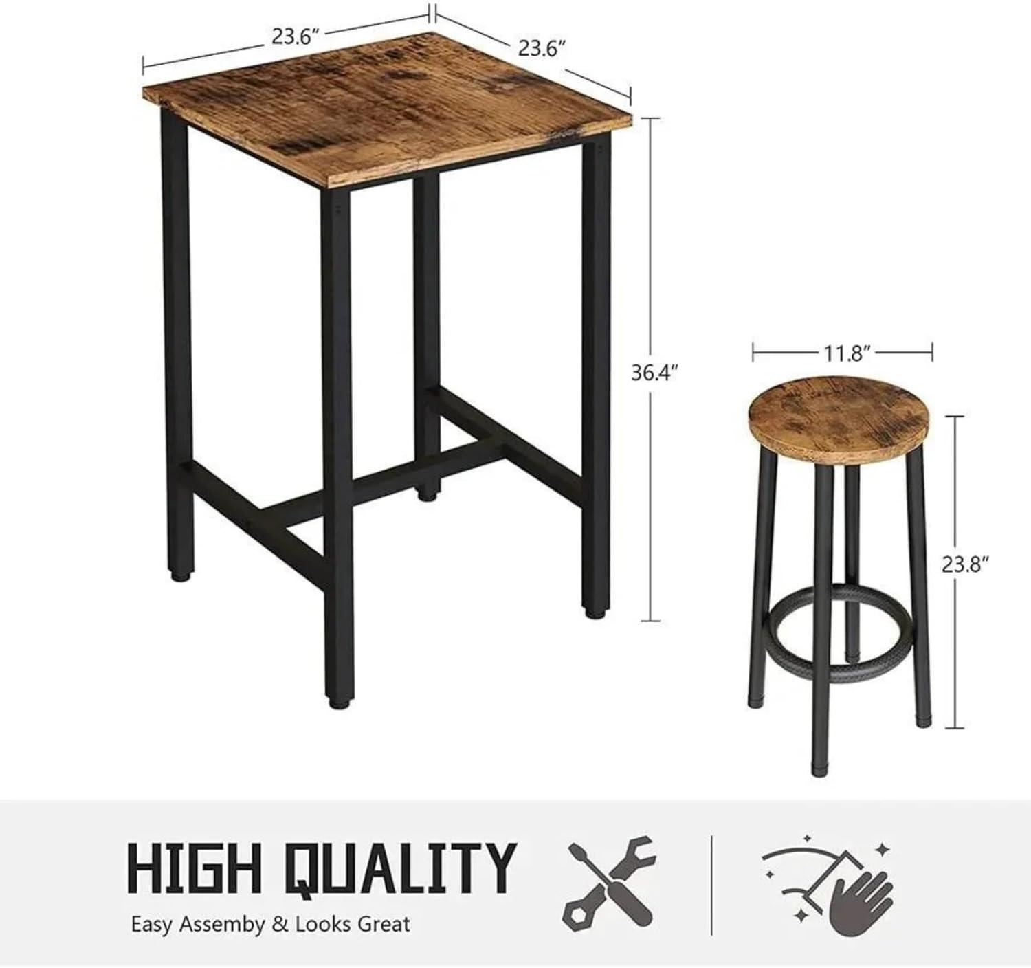 3 Piece Pub Dining Set, Modern bar Table and Stools for 2 Kitchen Counter Height Wood Top Bistro Easy Assemble for Breakfast Nook Living Room Small Space Restaurant, Rustic Brown 24”