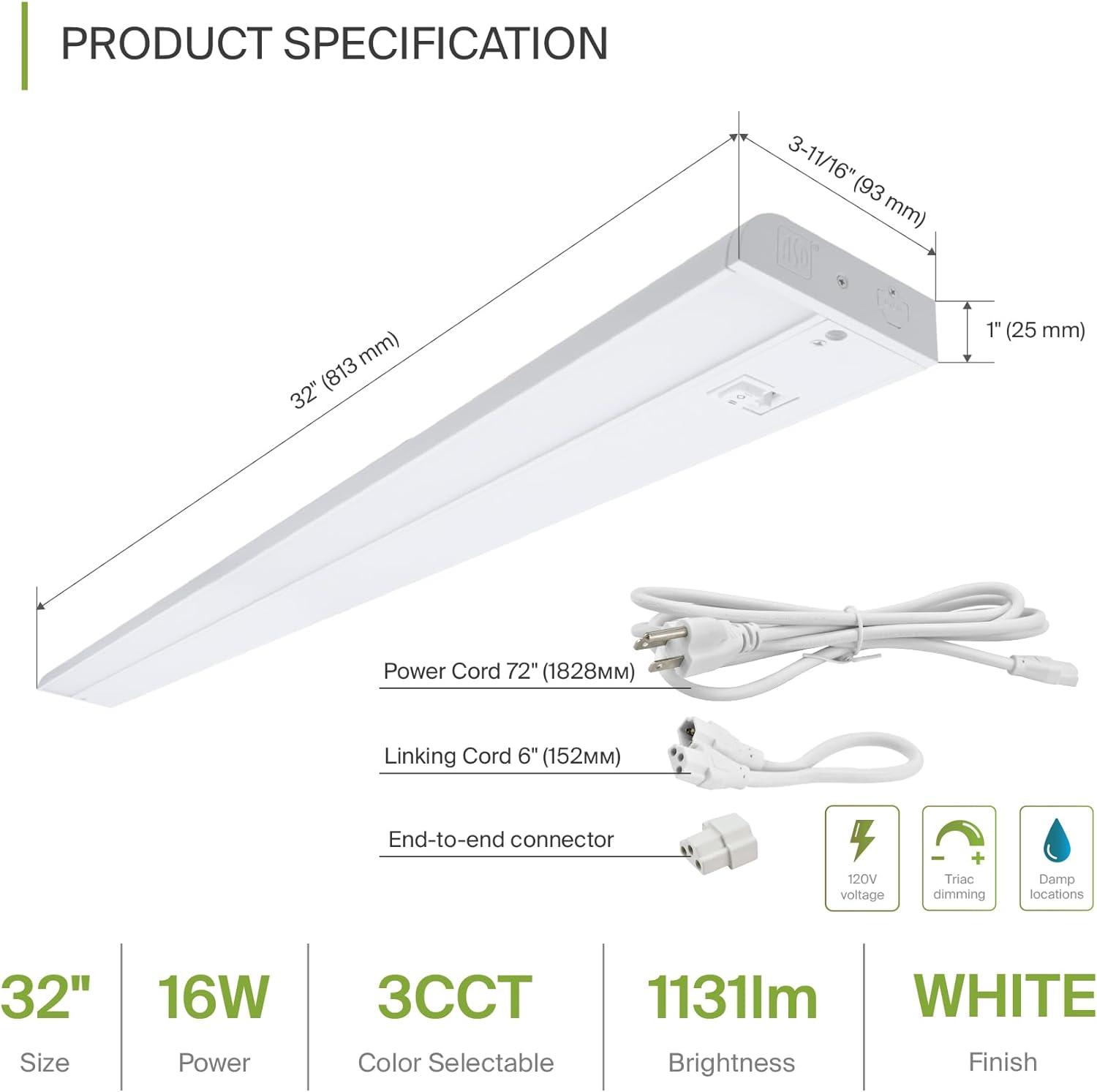 ASD LED Under Cabinet Lighting 32 Inch, Dimmable, Hardwired or Plug-in Installation, 3 Color Levels- 2700K/3000K/4000K, Linkable Kitchen Under Counter Lighting, ETL & Energy Star, White Finish