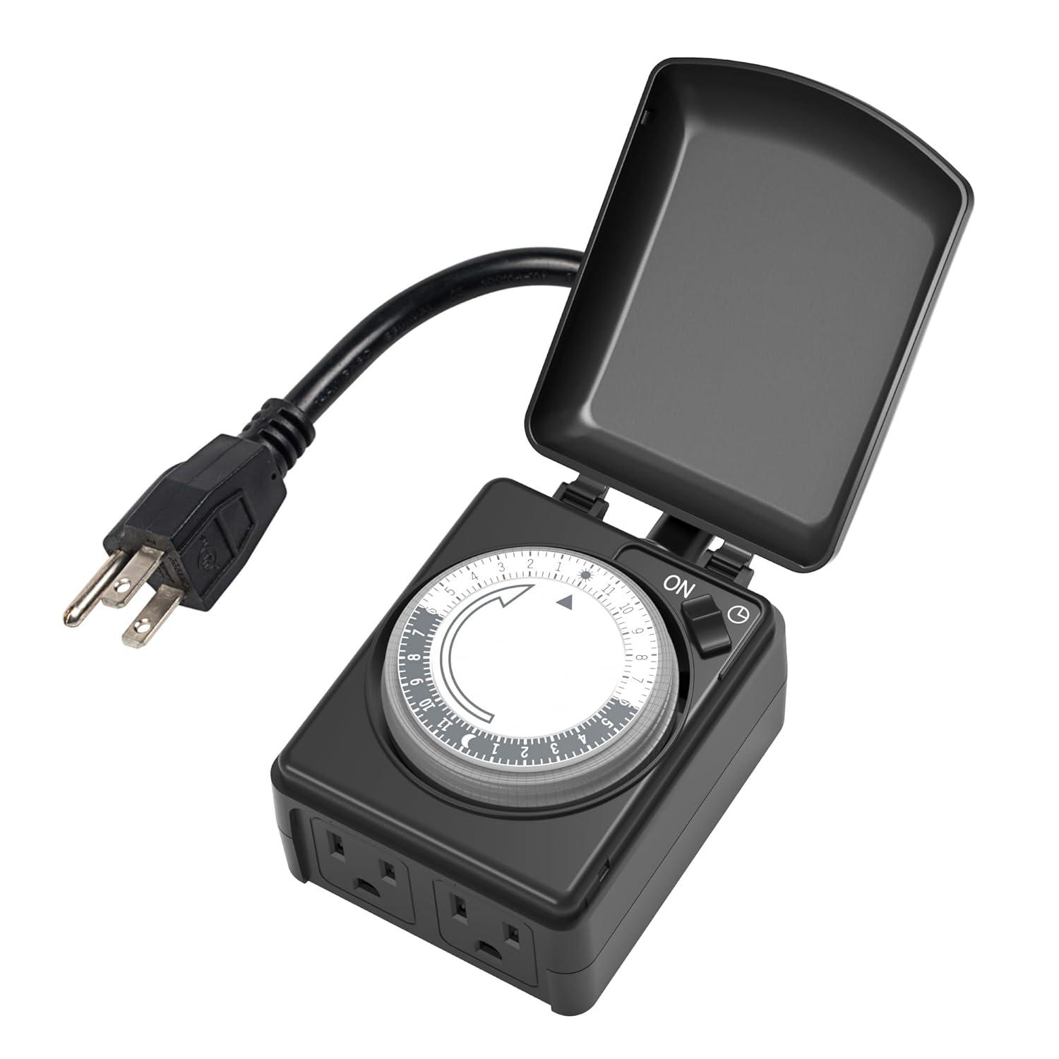 BN-LINK Compact Outdoor Mechanical Timer, 24 Hour Programmable Dual Outlet Timer - Plug in, Waterproof, Heavy Duty, For Lamps Christmas Lights