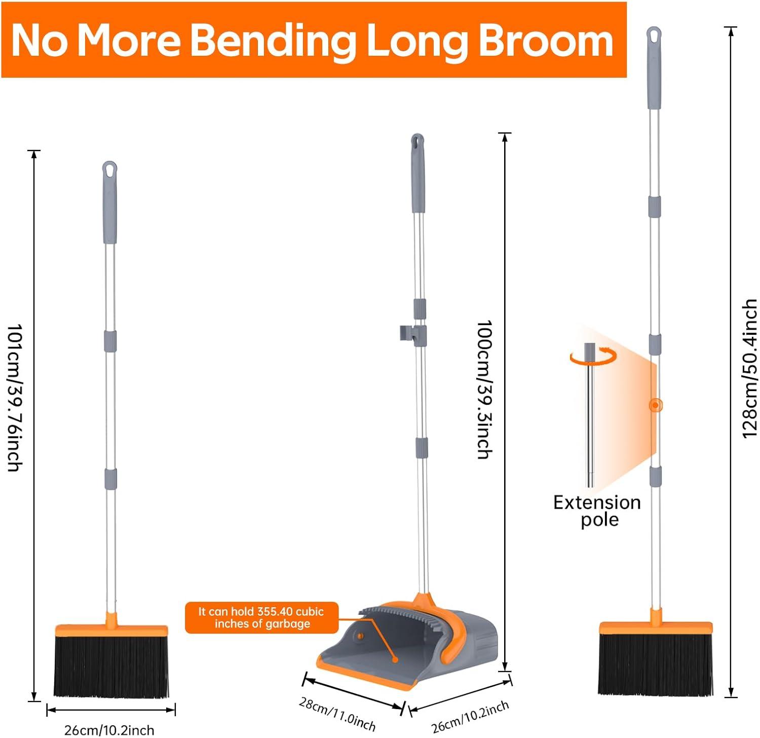 Broom and Dustpan Set for Home, Broom and Dustpan Combo for Office, Long Handle Broom with Upright Standing Dust pan,Indoor&Outdoor Sweeping (Gray&Orange)