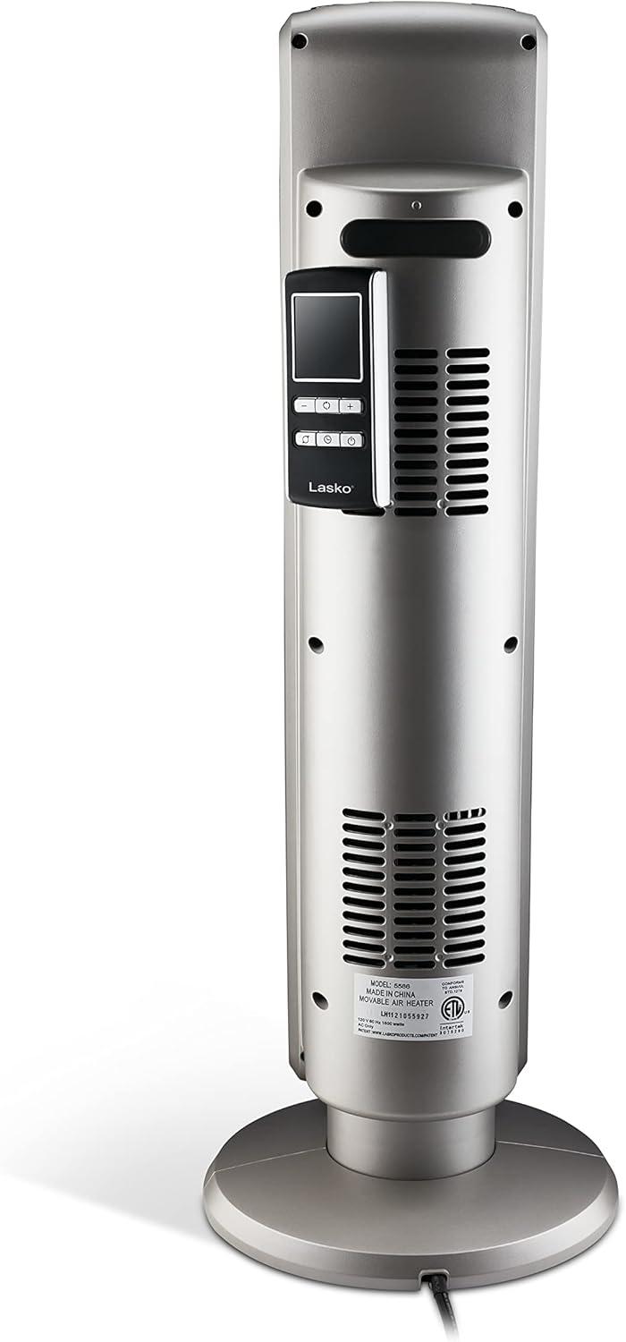 Silver Ceramic Electric Tower Heater with Thermostat and Remote Control