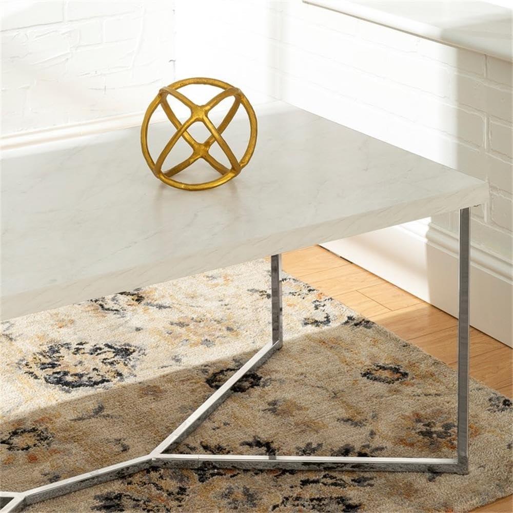 42" Rectangular Coffee Table in White Faux Marble with Chrome Metal Base