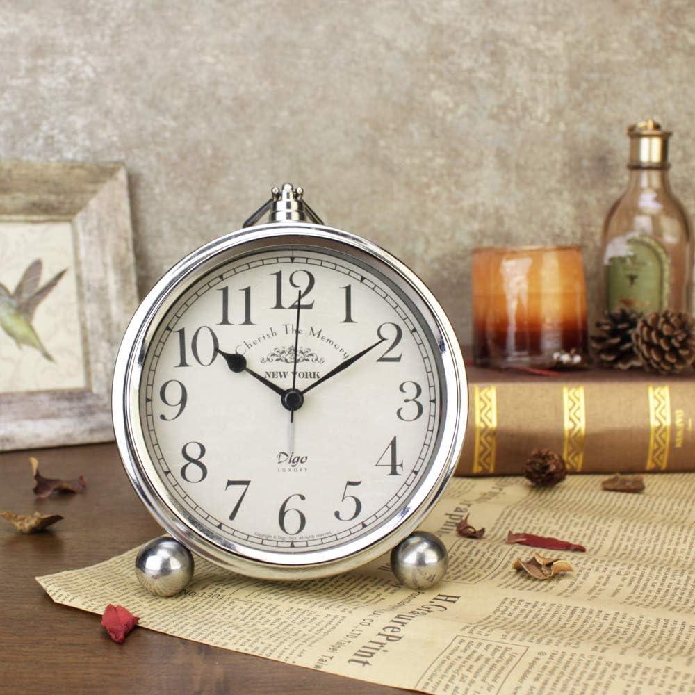 Vintage Table Clock, Iron European Style Desk Clock Battery Operated Non-Ticking Mantle Clock for Home Decor