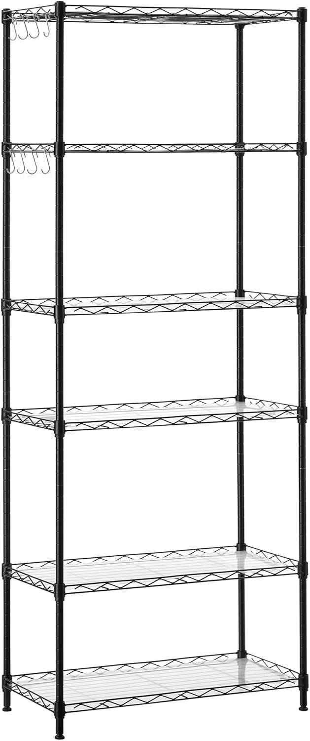 Adjustable Black 6-Tier Metal Storage Shelf with Hooks