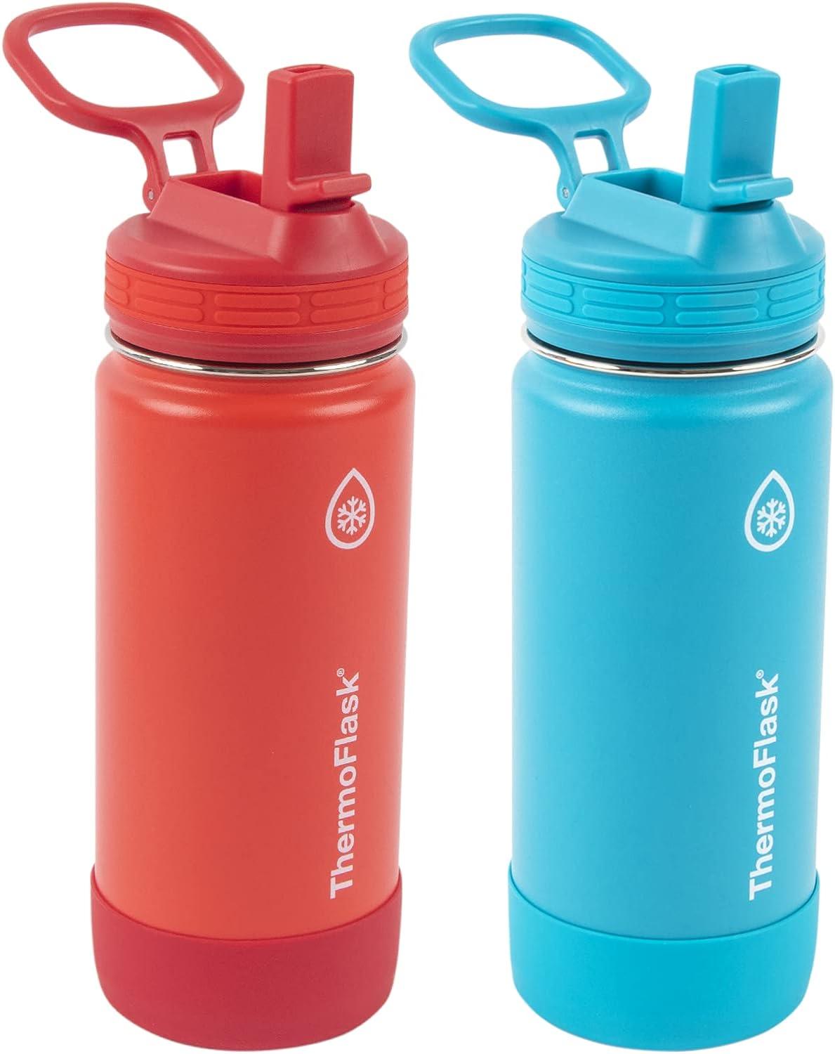 ThermoFlask Kids Bottle with Straw Lid - Durable & Dishwasher-Safe Water Bottles & Lids - Leak-Proof Bottle Lid Design - Reusable Water Bottles for Everyday Use - 16 oz, Red/Blue (2 Pack)
