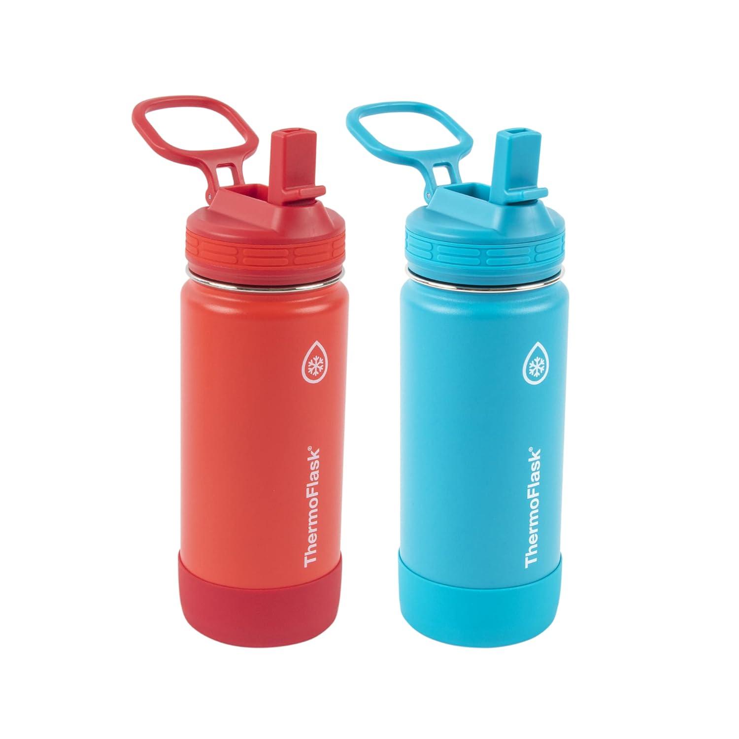 ThermoFlask Kids Bottle with Straw Lid - Durable & Dishwasher-Safe Water Bottles & Lids - Leak-Proof Bottle Lid Design - Reusable Water Bottles for Everyday Use - 16 oz, Red/Blue (2 Pack)