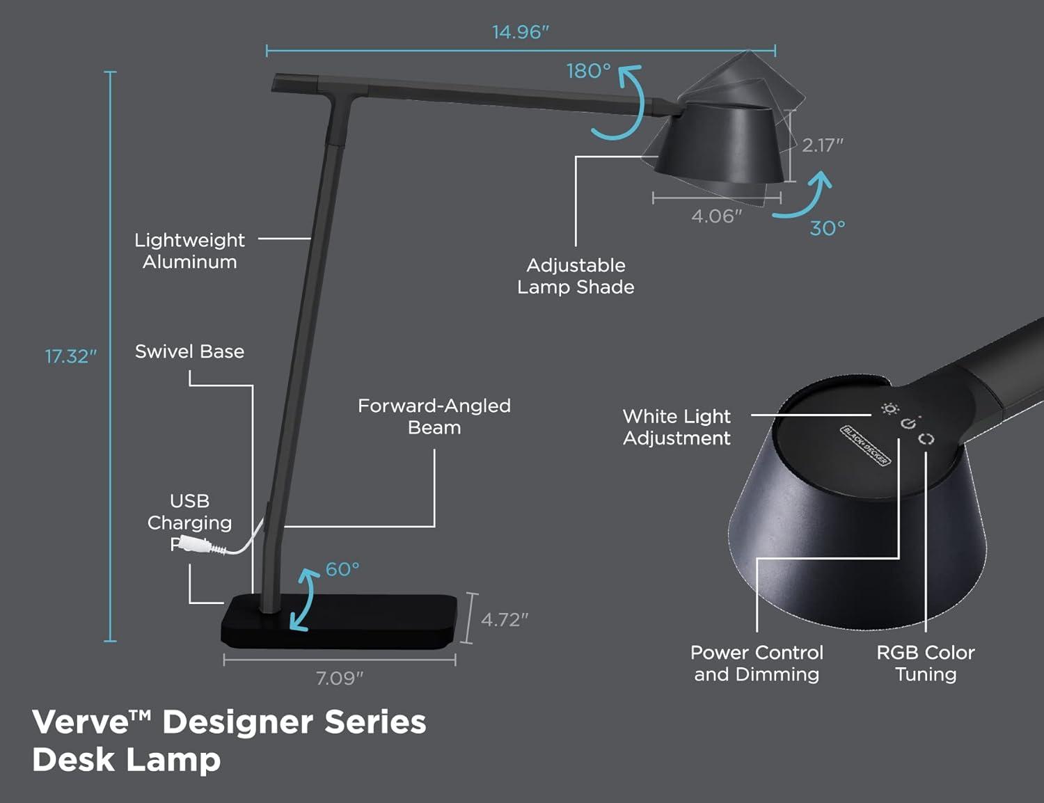 Black Adjustable LED Desk Lamp with USB Charging Port