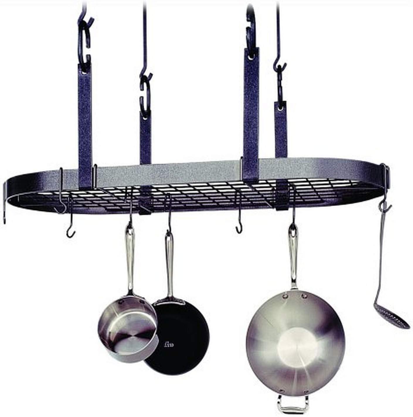 Hammered Steel Oval Ceiling Pot Rack with Hooks