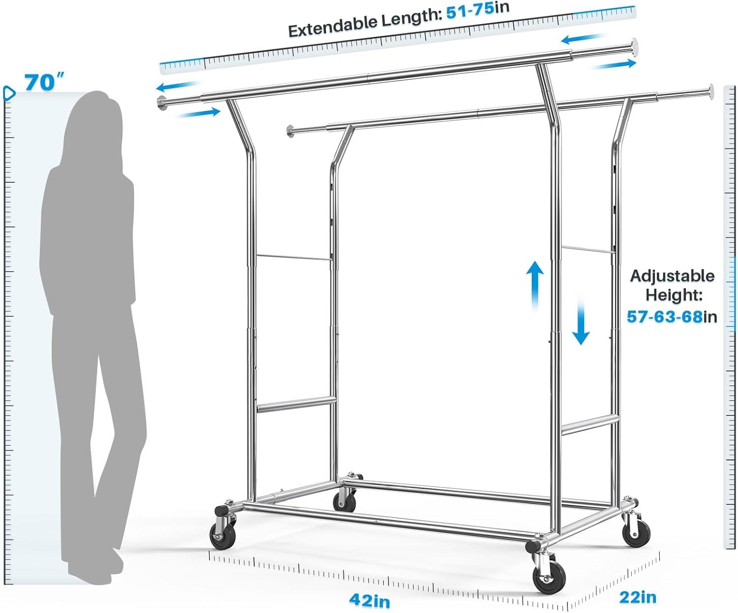 Chrome Portable Heavy-Duty Rolling Garment Rack with Adjustable Shelves