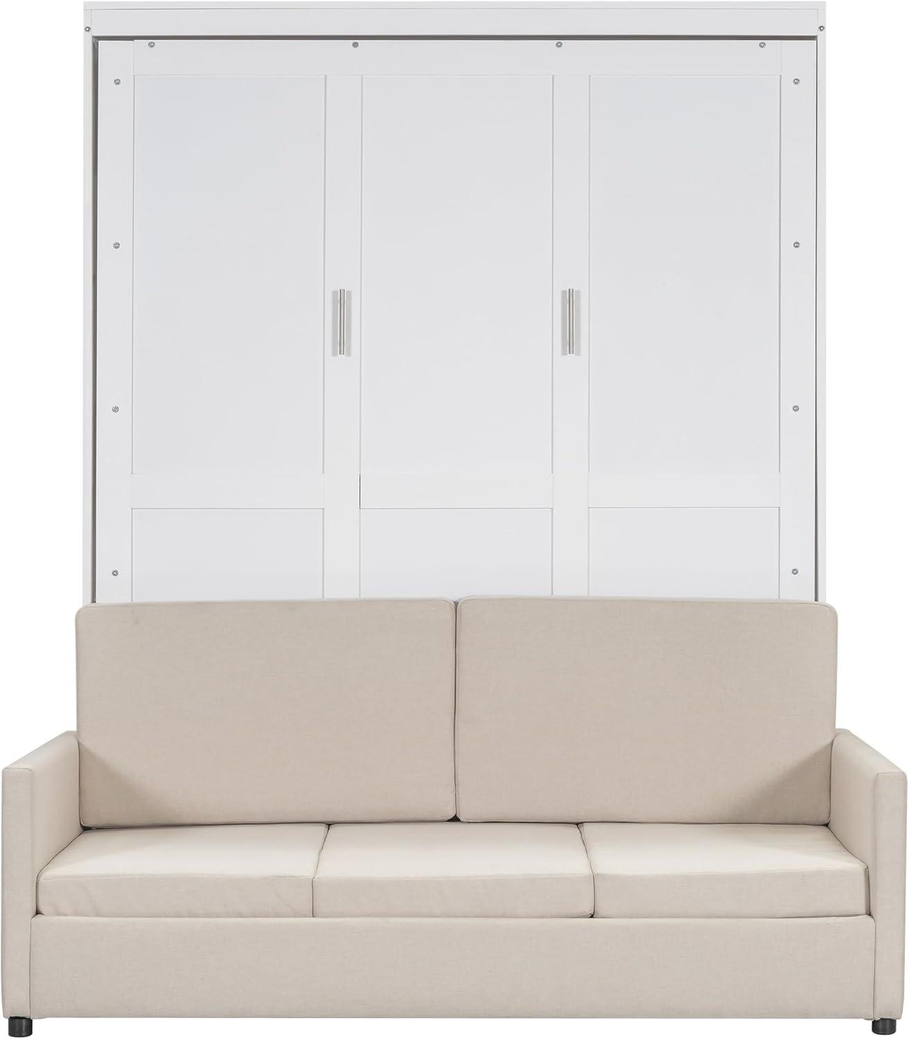 LZ LEISURE ZONE Queen Size Murphy Bed, Wooden Queen Murphy Wall Bed with Cushion and Sofa, for Home Office or Small Room, White