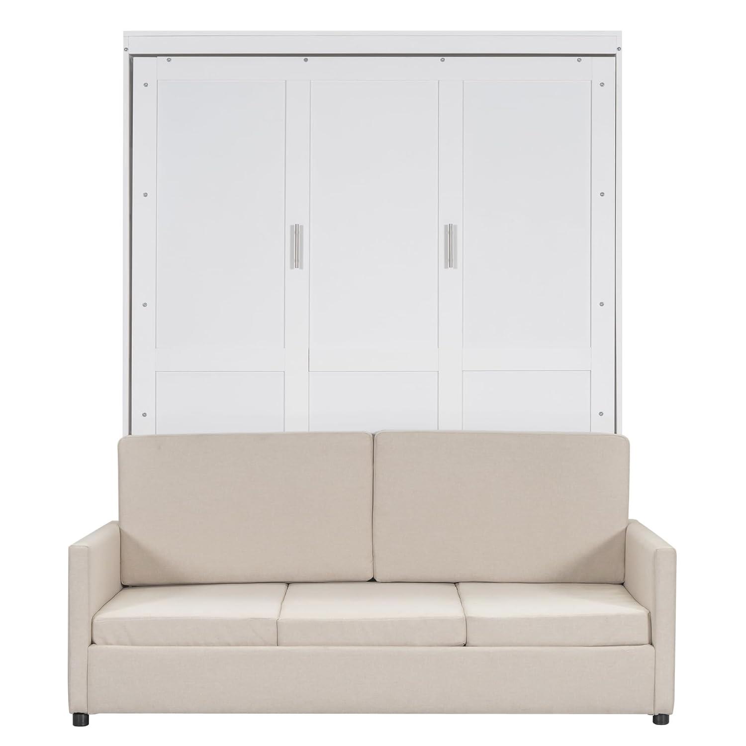 LZ LEISURE ZONE Queen Size Murphy Bed, Wooden Queen Murphy Wall Bed with Cushion and Sofa, for Home Office or Small Room, White