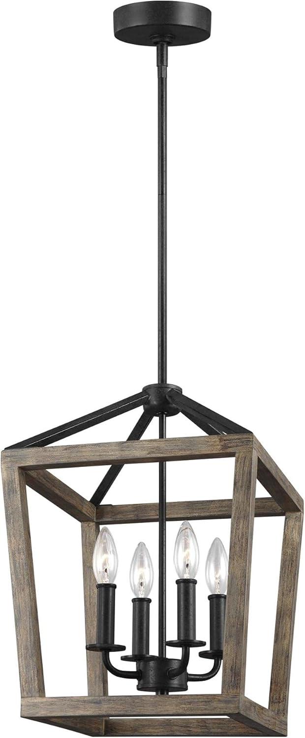 Mini Brass Cage Chandelier with Weathered Oak & Forged Iron