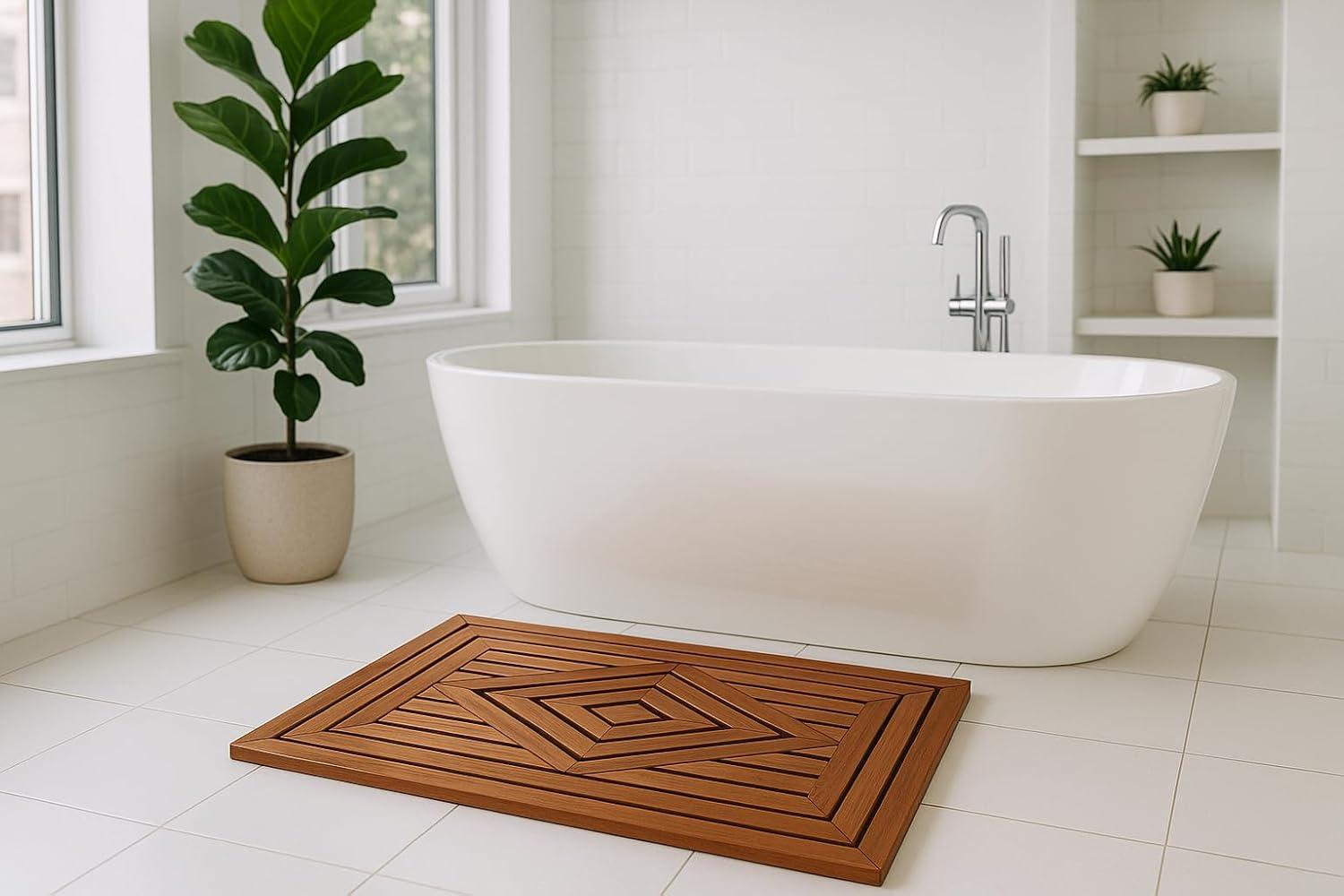Large Teak Shower Mat with Diamond Design, 31.5 Inches
