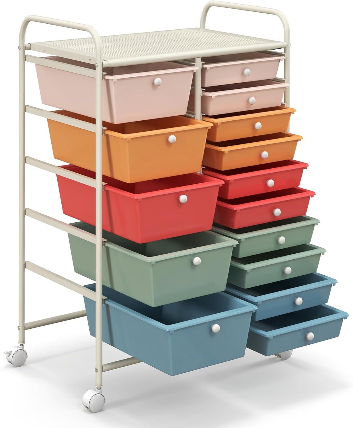 Multicolor 15-Drawer Rolling Storage Cart with Metal Frame