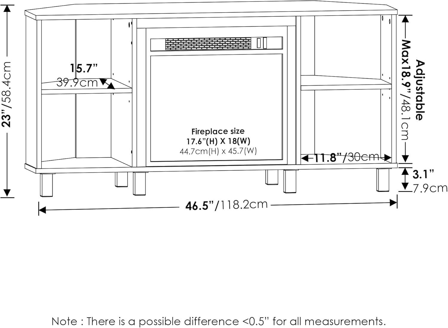 Gray Jensen Corner TV Stand with Electric Fireplace and Metal Legs