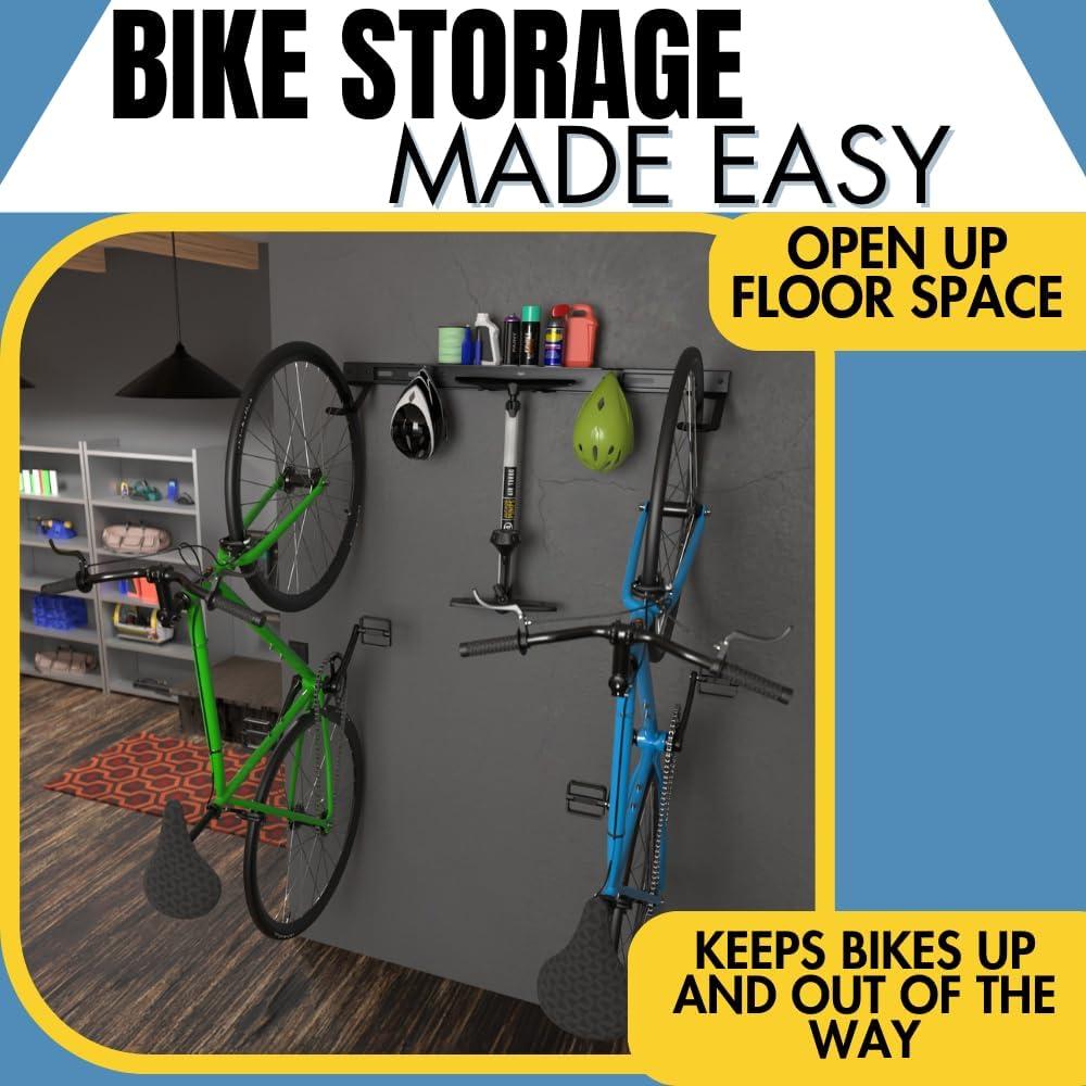 Koova Wall Mount Bike Storage Rack Garage Hanger for 2 Bicycles + Helmets | Fits All Bikes Even Large Cruisers / Big Tire Mountain Bikes | Heavy Duty Powder Coated Steel | Made In USA (2 Bik