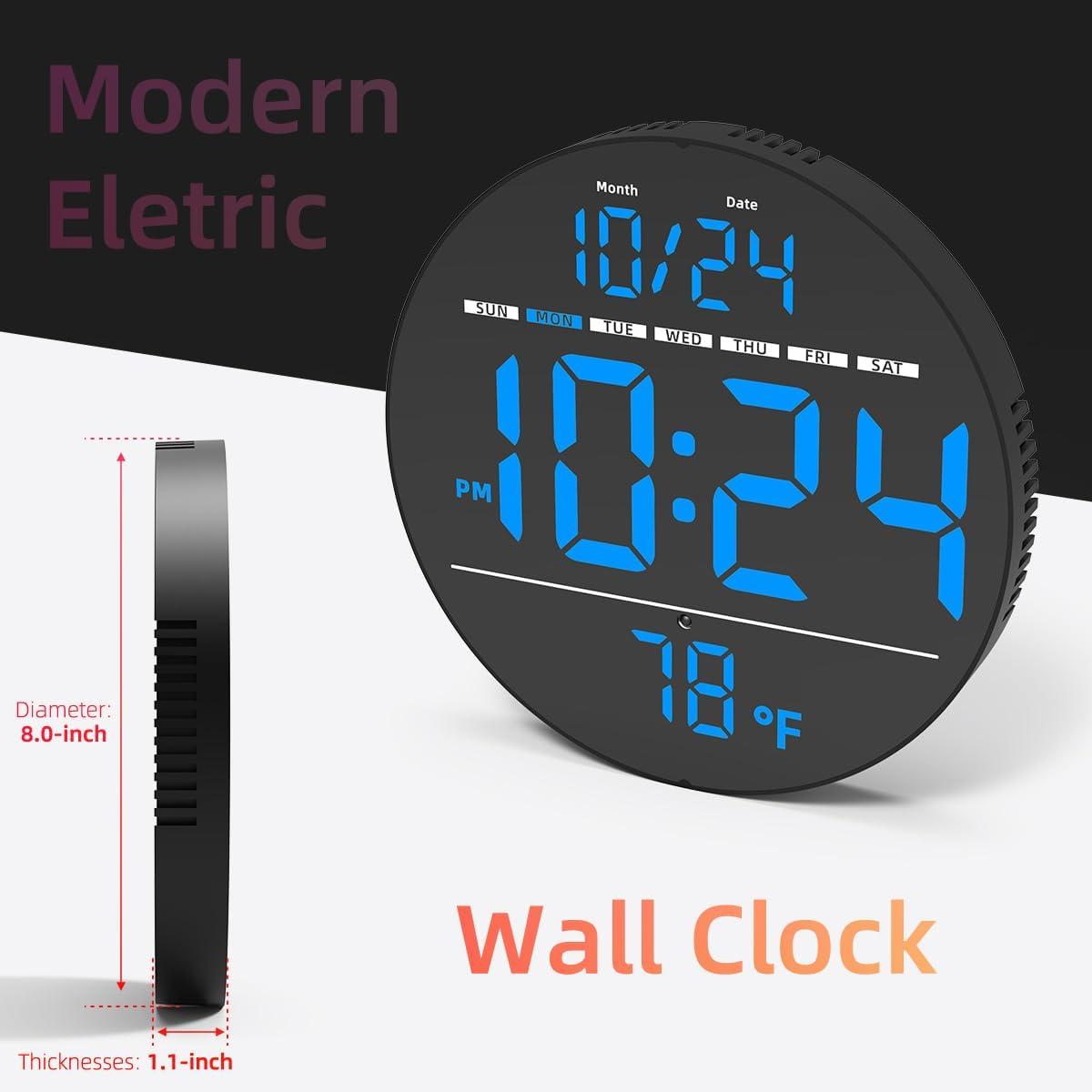 8-Inch Black LED Digital Wall Clock with Temperature Display