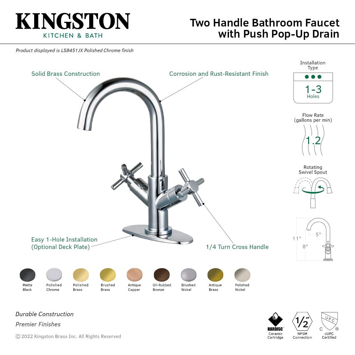 Kingston Brass Concord Two-Handle 1-Hole Deck Mount Bathroom Faucet with Push Pop-Up