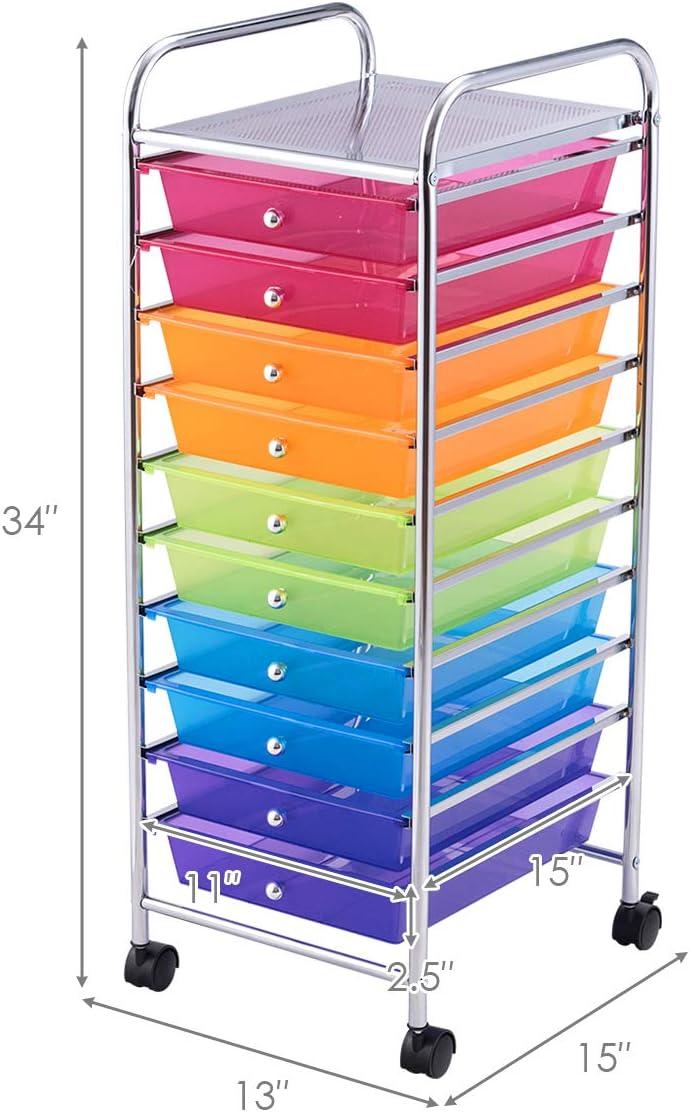 Multicolor 10-Drawer Rolling Storage Cart with Alloy Steel Frame