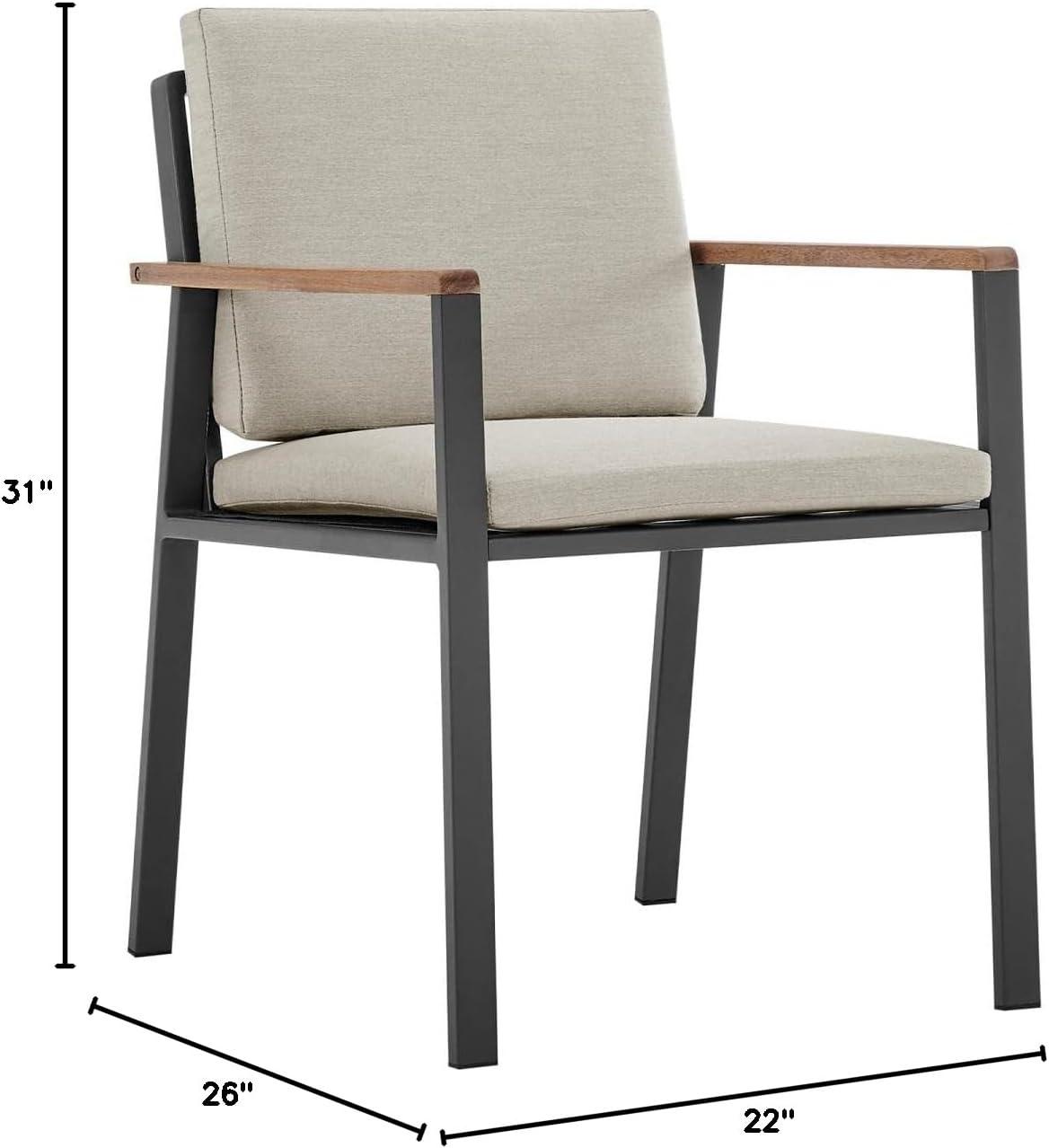 Armen Living Nofi Outdoor Patio Dining Chair in Charcoal Finish with Taupe Cushions and Teak Wood Accent Arms  - Set of 2