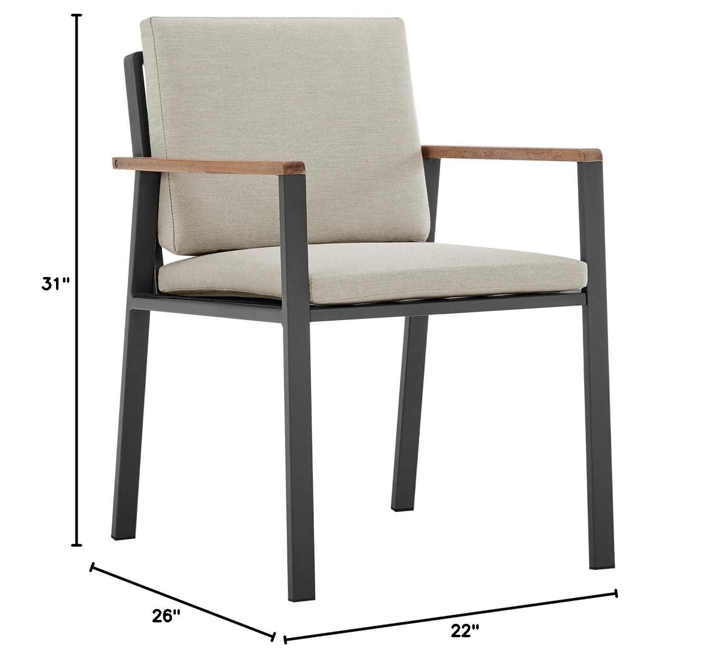 Armen Living Nofi Outdoor Patio Dining Chair in Charcoal Finish with Taupe Cushions and Teak Wood Accent Arms  - Set of 2