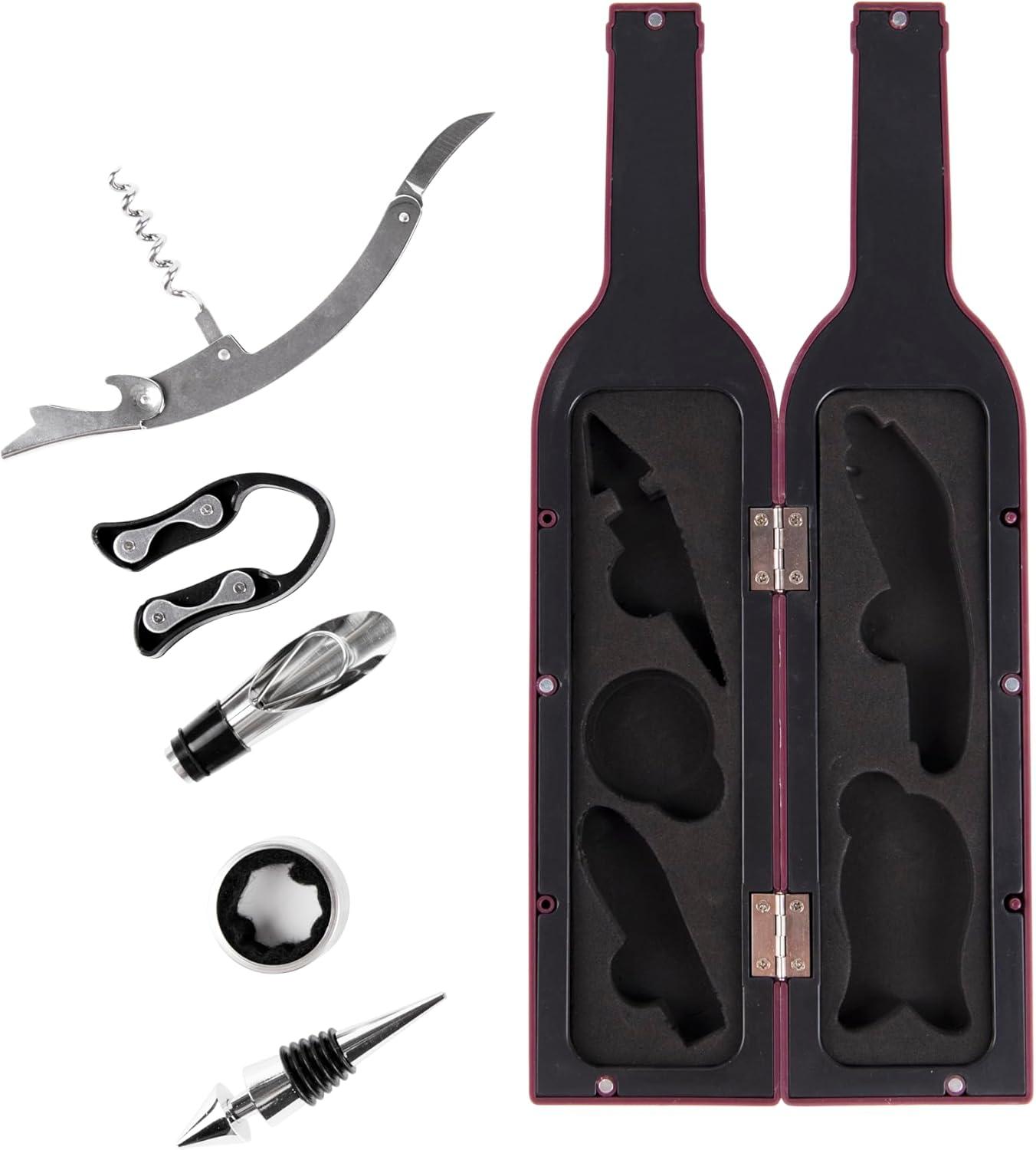 Burgundy Wine Bottle Shaped 5-Piece Corkscrew and Accessory Set