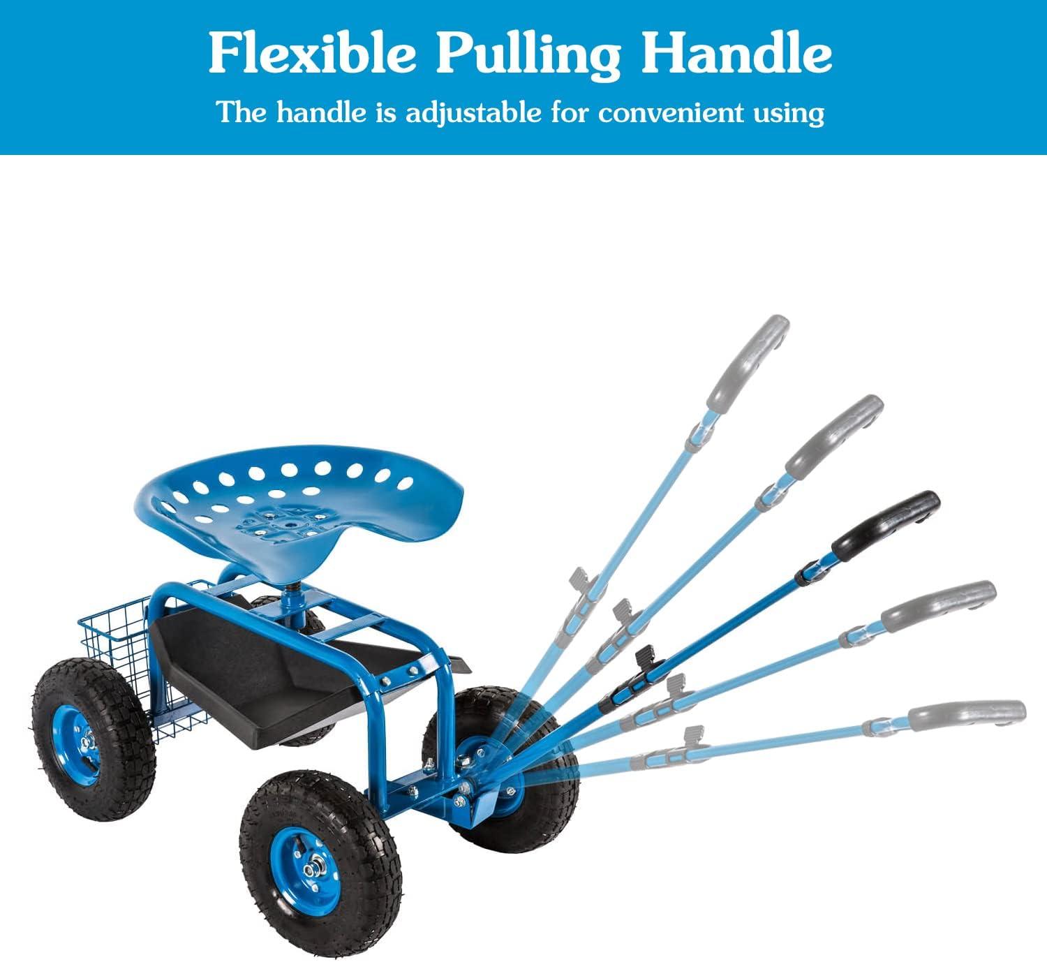 Rolling Garden Cart Scooter Stool - Garden Seat with Wheels Garden Cart with Seat, Adjustable Handle 360 Degree Swivel (Blue)