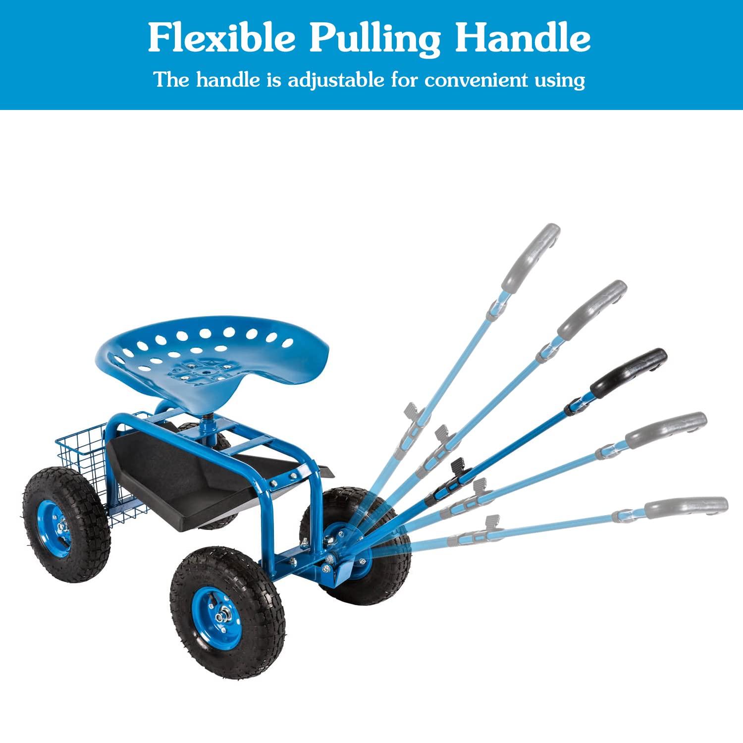 Rolling Garden Cart Scooter Stool - Garden Seat with Wheels Garden Cart with Seat, Adjustable Handle 360 Degree Swivel (Blue)