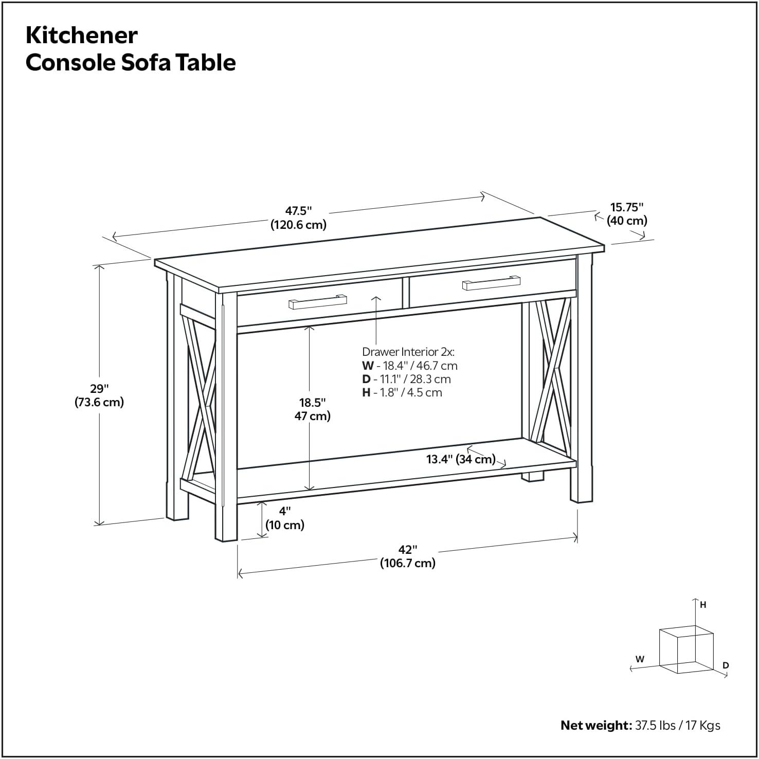 Simpli Home Kitchener 47"W Solid Wood Contemporary Storage Console Table with 2 Drawers and Bottom Storage Shelf