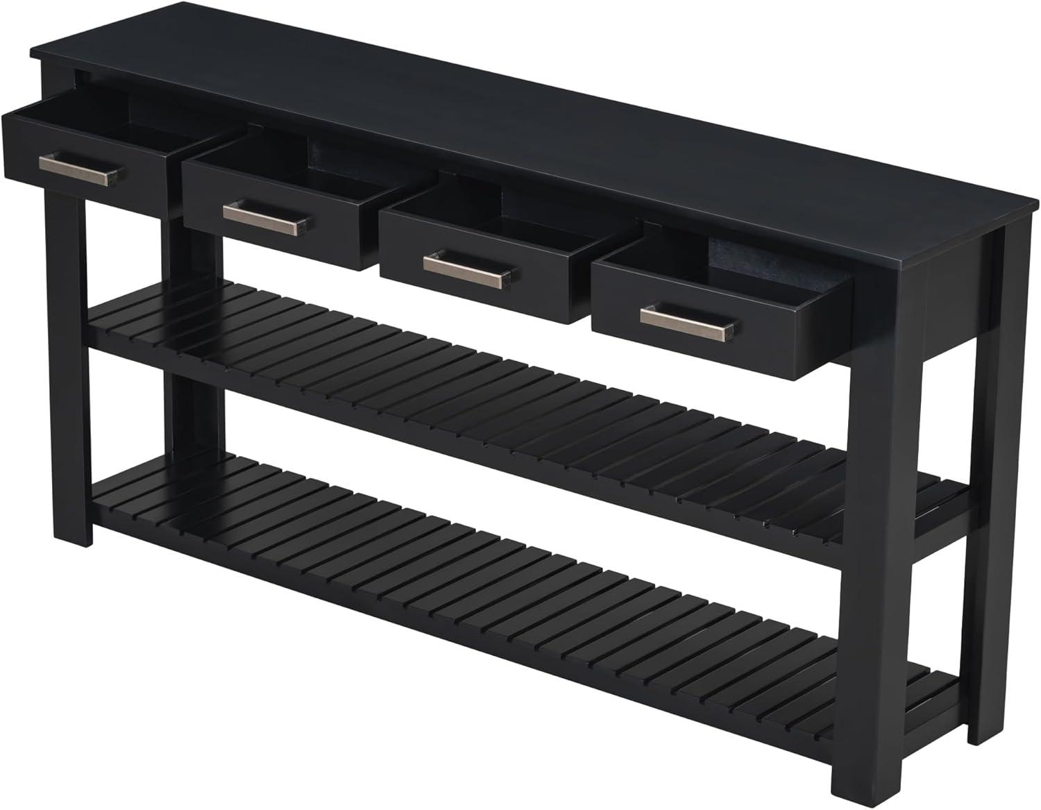62.2" Stylish Console Table Table with 4 Storage Drawers and 2 Shelves for Entryway Hallway, Black 4M - ModernLuxe