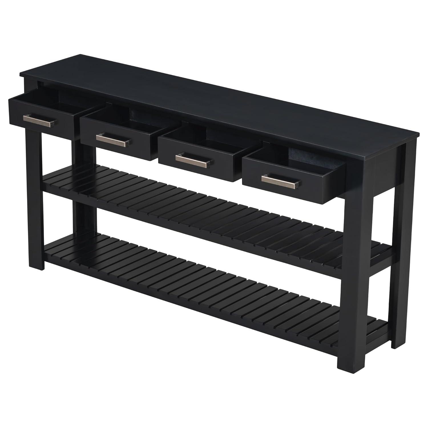 62.2" Stylish Console Table Table with 4 Storage Drawers and 2 Shelves for Entryway Hallway, Black 4M - ModernLuxe