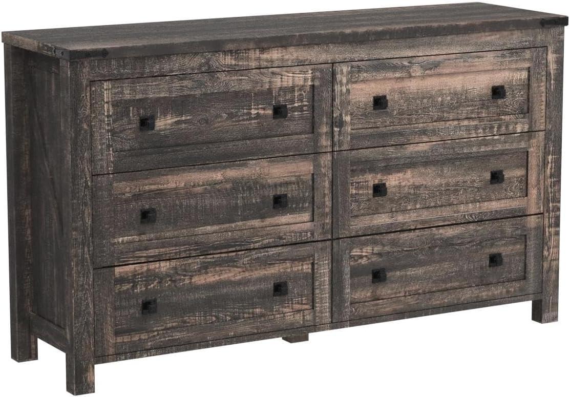Farmhouse 6-Drawer Dresser - Rustic Dark Oak Storage, 54"L x 16"D x 31"H, Barn Door Style, Antique Brass Knobs, Wide Chest Organizer for Bedroom/Living Room