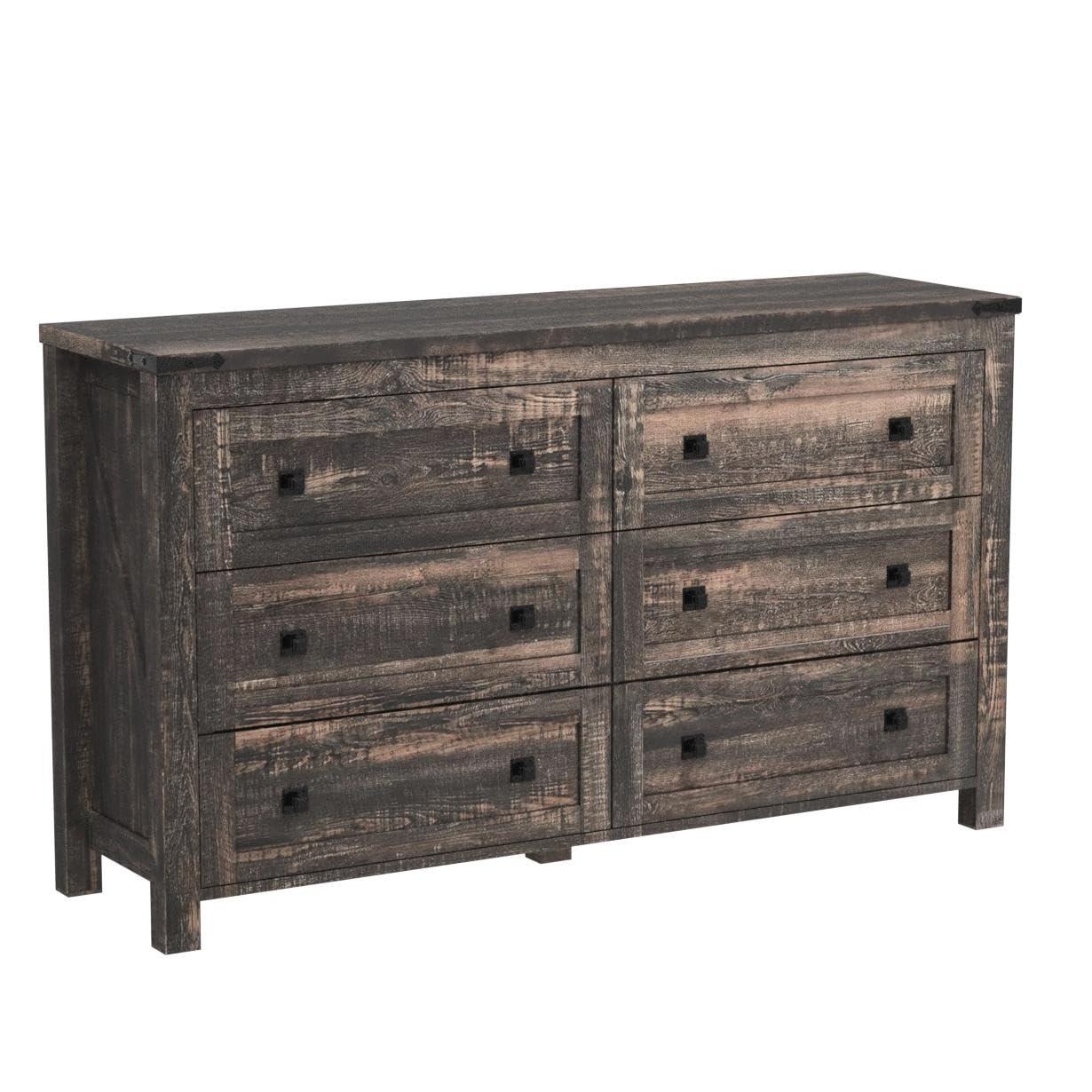Farmhouse 6-Drawer Dresser - Rustic Dark Oak Storage, 54"L x 16"D x 31"H, Barn Door Style, Antique Brass Knobs, Wide Chest Organizer for Bedroom/Living Room
