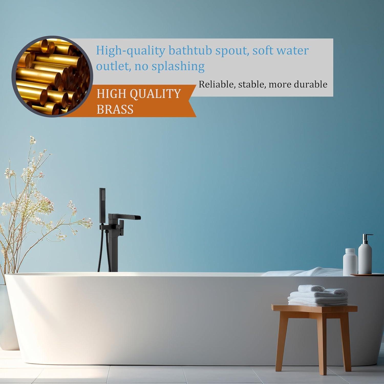 AlenArtWater Waterfall Tub Filler Freestanding Bathtub Faucet Floor Mount Brass Single Handle Bathroom Faucets with Hand Shower 93-LJQKCZ