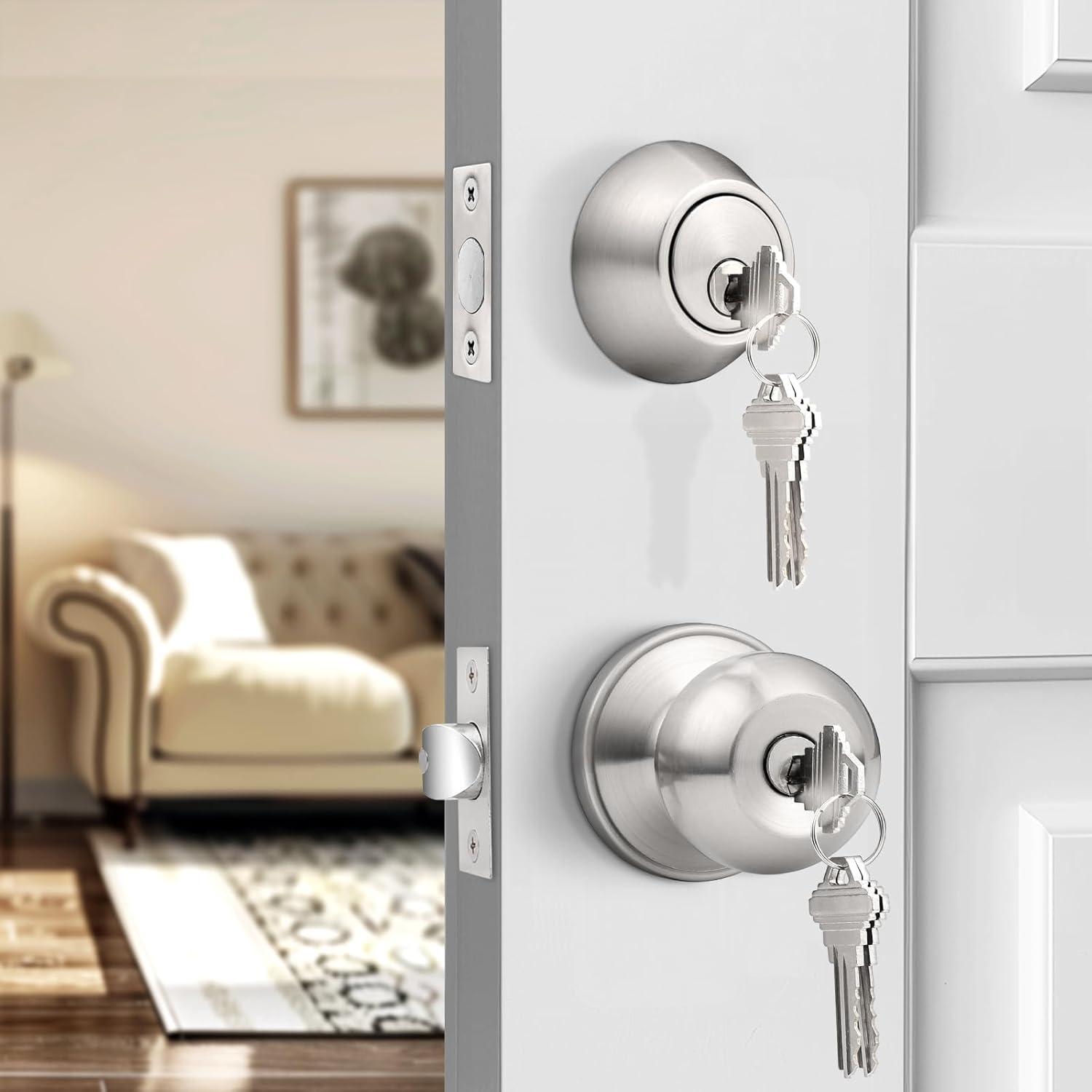 Brushed Nickel Round Stainless Steel Entry Knob and Deadbolt Set