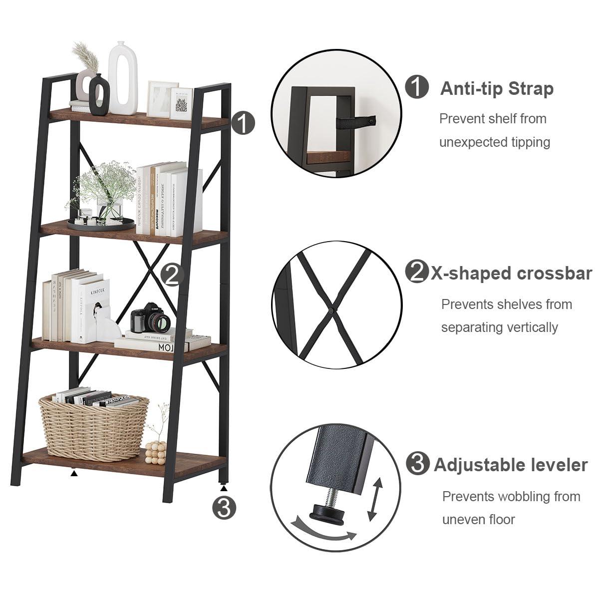 BON AUGURE Industrial Ladder Shelf Bookcase, 4 Tier Rustic Ladder Bookshelf, Standing Leaning Book Shelves for Living Room (Rustic Oak)