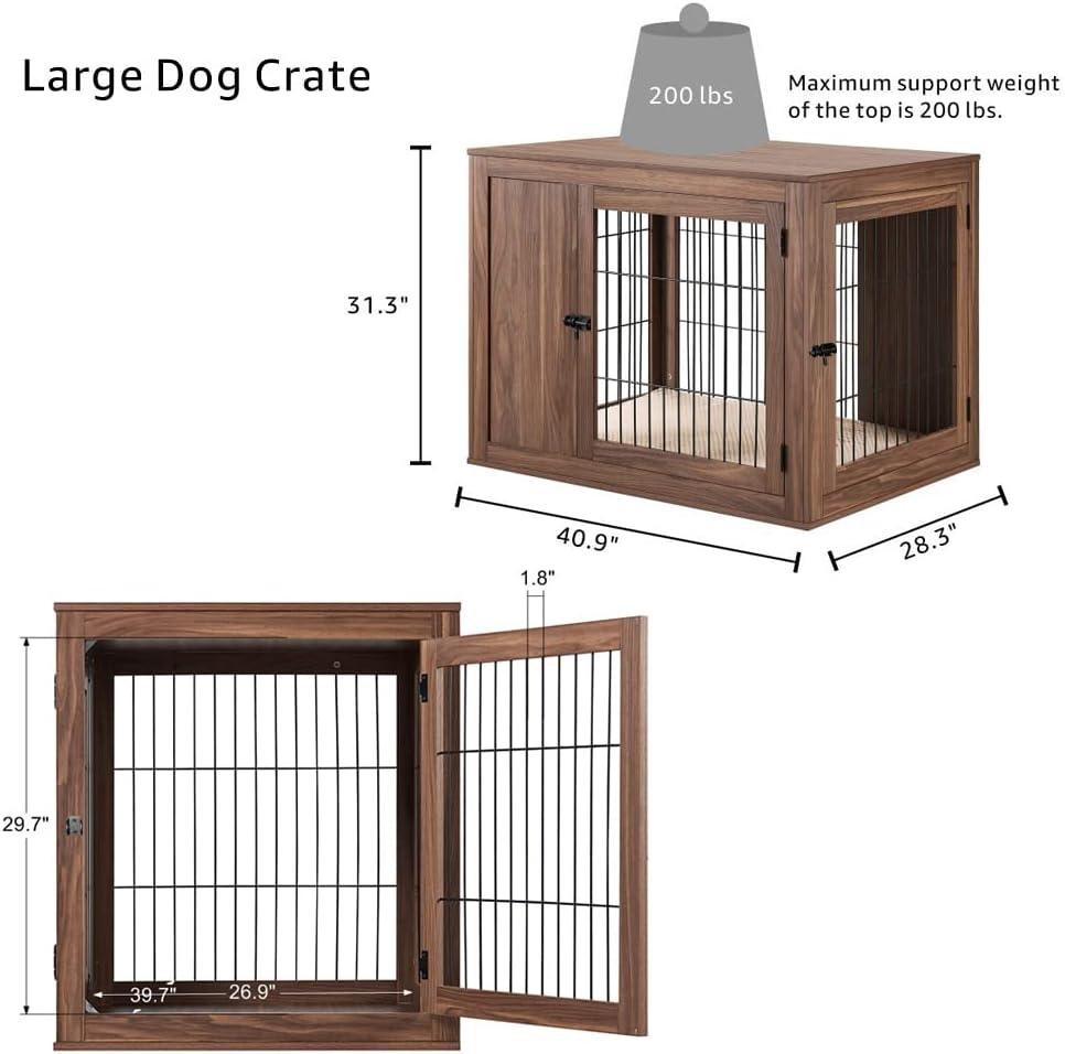 Unipaws Dog Crate End Table with Cushion, Wooden Wire Pet Kennels with Double Doors