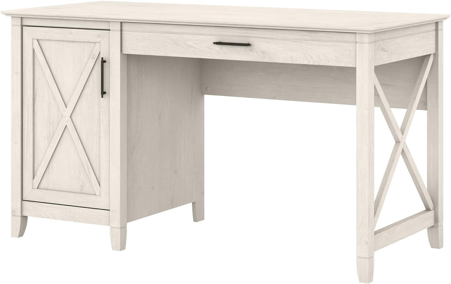 Linen White Oak 54" Cabinet Desk with Keyboard Tray & Storage