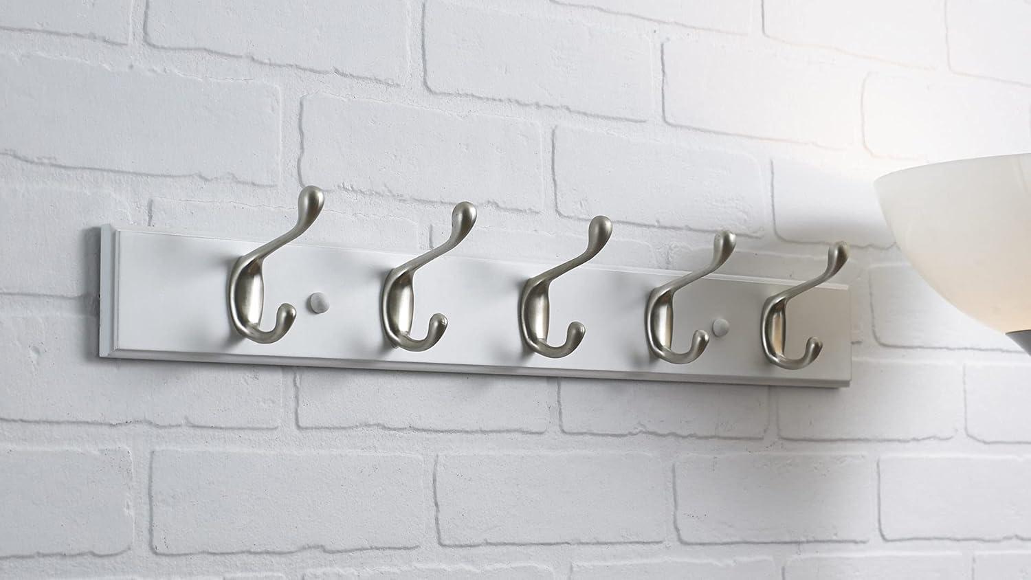 Brushed Nickel and White 24" 5-Hook Wall Rack