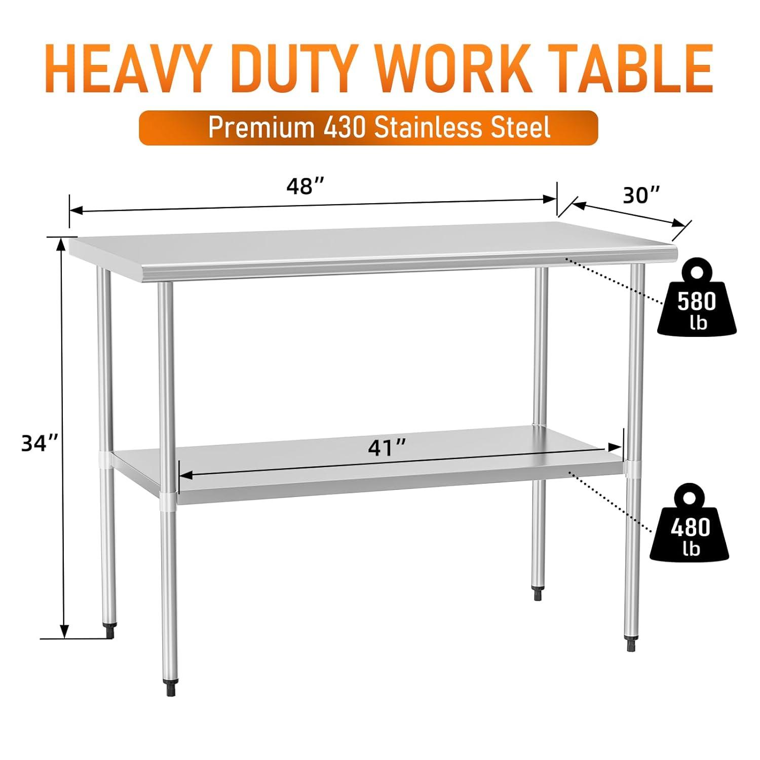 Stainless Steel Table for Food Prep & Work 30 x 48 inches Utility Table with Adjustable Undershelf, Commercial Workstation in Kitchen, Garage, Outdoor BBQ