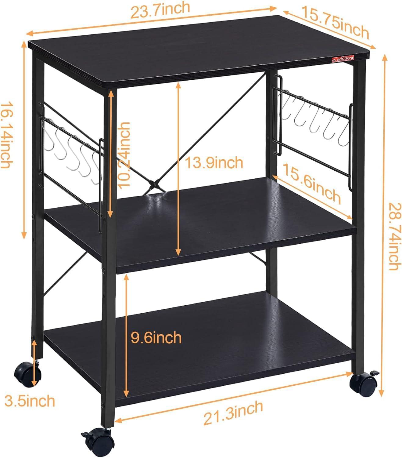 Black Metal 3-Tier Rolling Kitchen Utility Cart with Storage