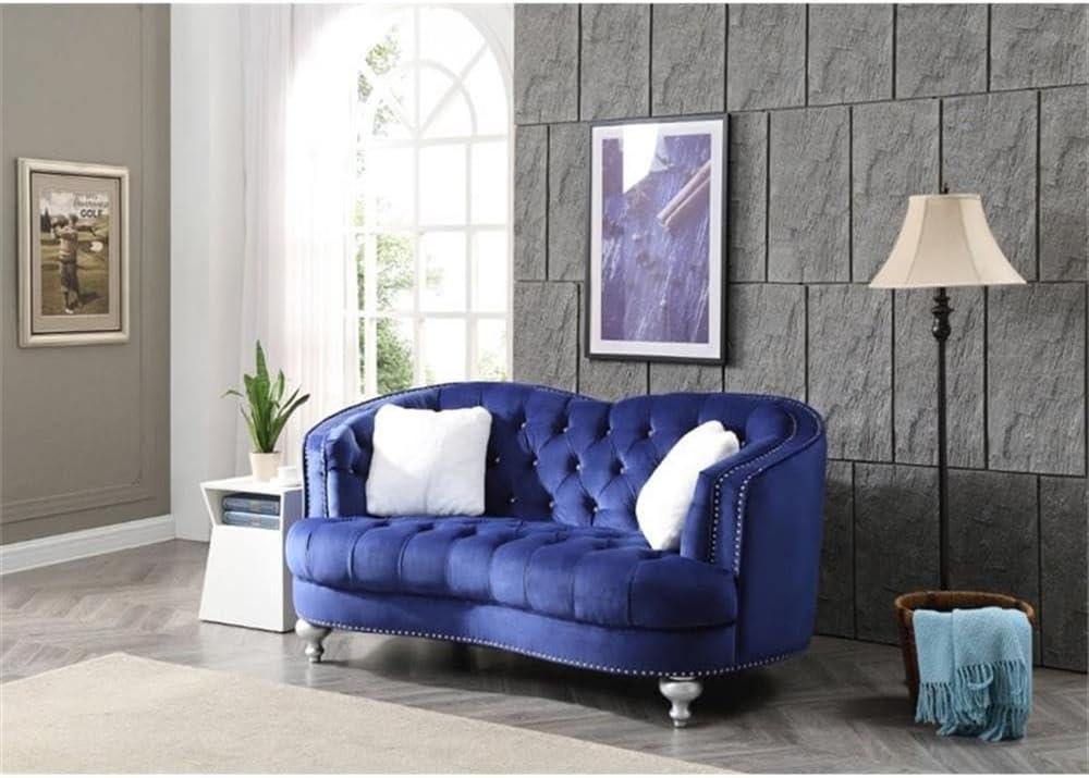 Blue Velvet Tufted Loveseat with Nailhead Trim