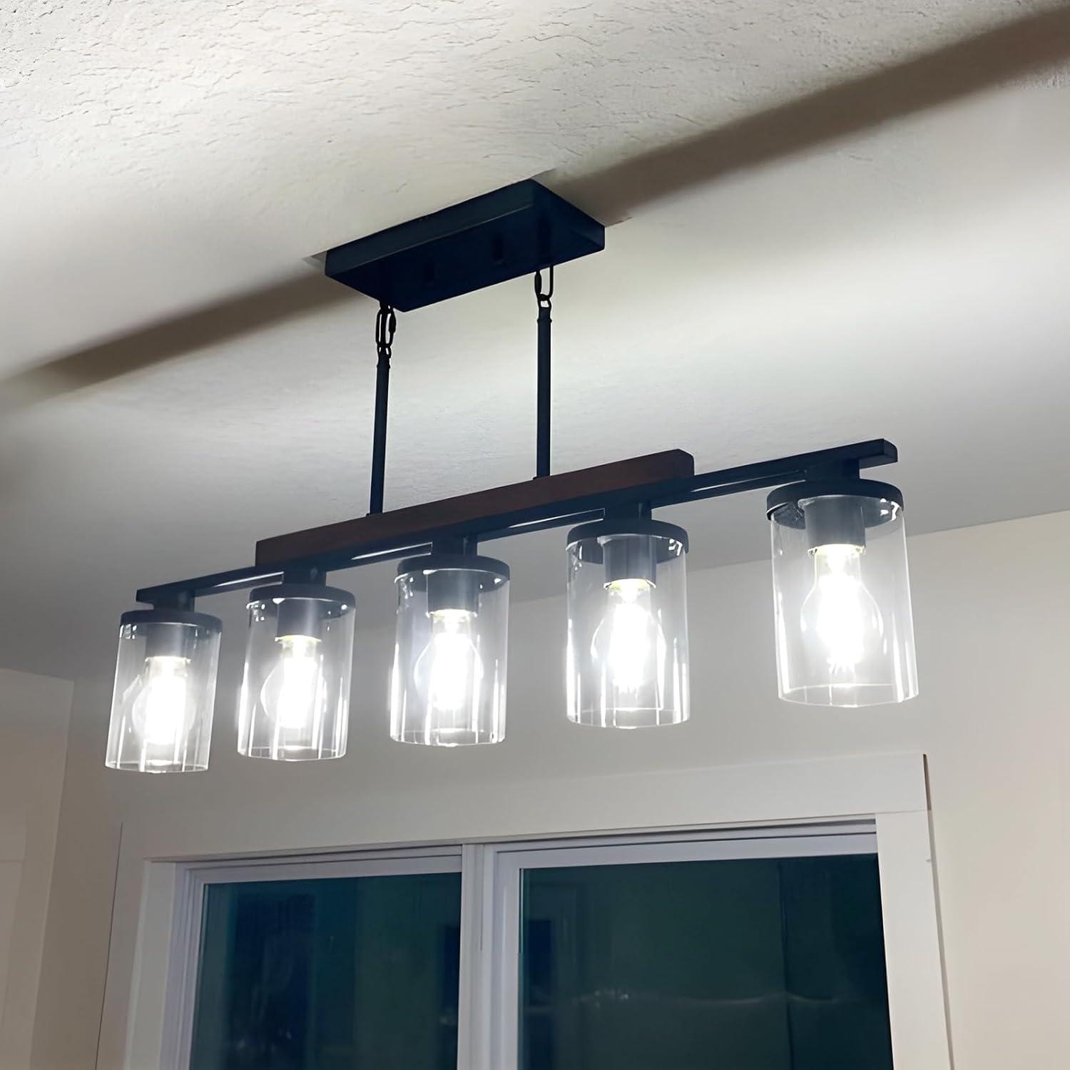 Black Farmhouse Chandelier, 5-Light Island Lights for Kitchen in Metal Finish with Clear Glass Shades, 37" Dining Room Chandelier, Linear Pendant Lighting for Foyer, Bar, Pool Table