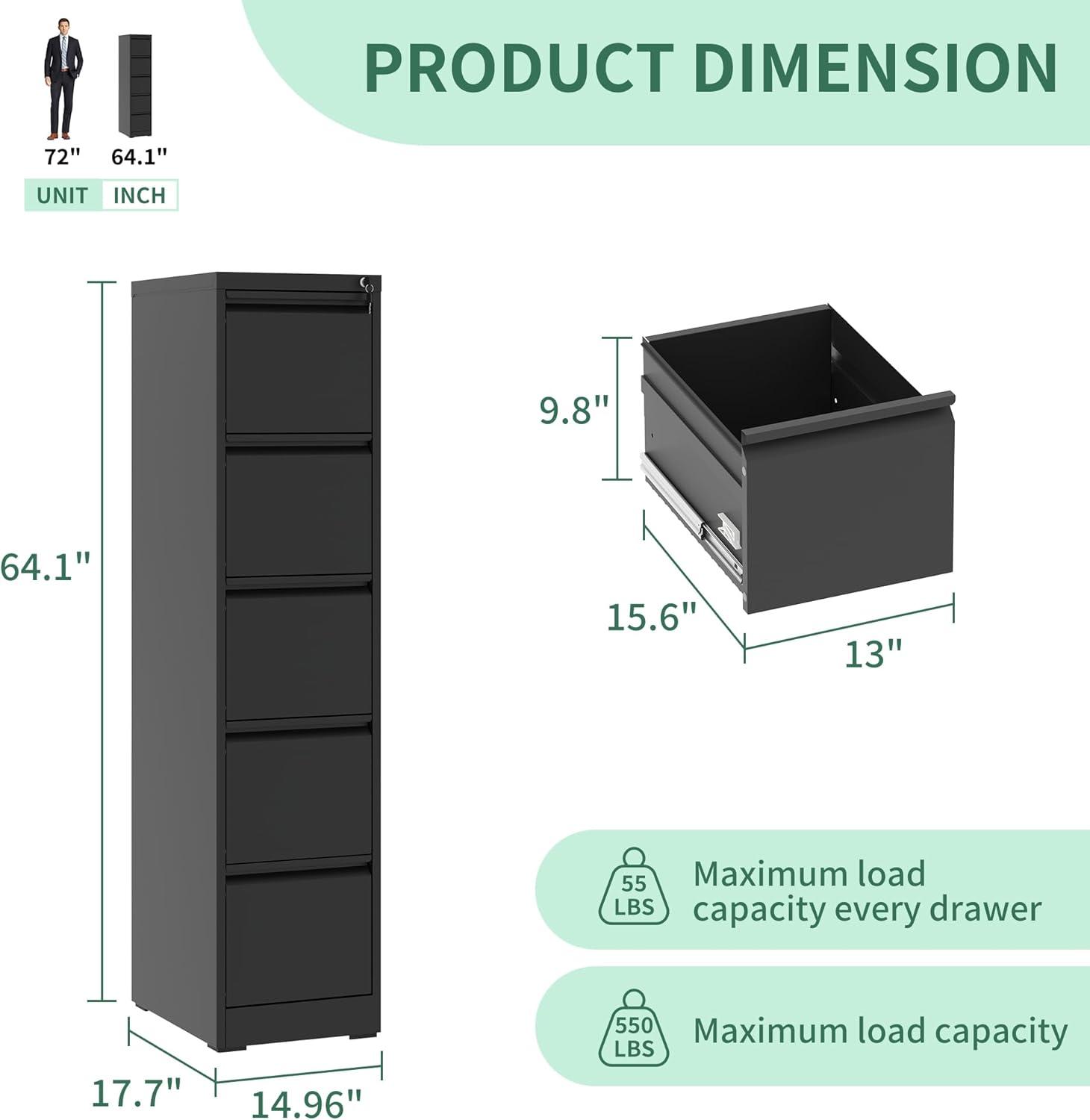 Yiyuanjin 5 Drawer Vertical Metal File Cabinet with Lock for A4 Legal/Letter Size, Black